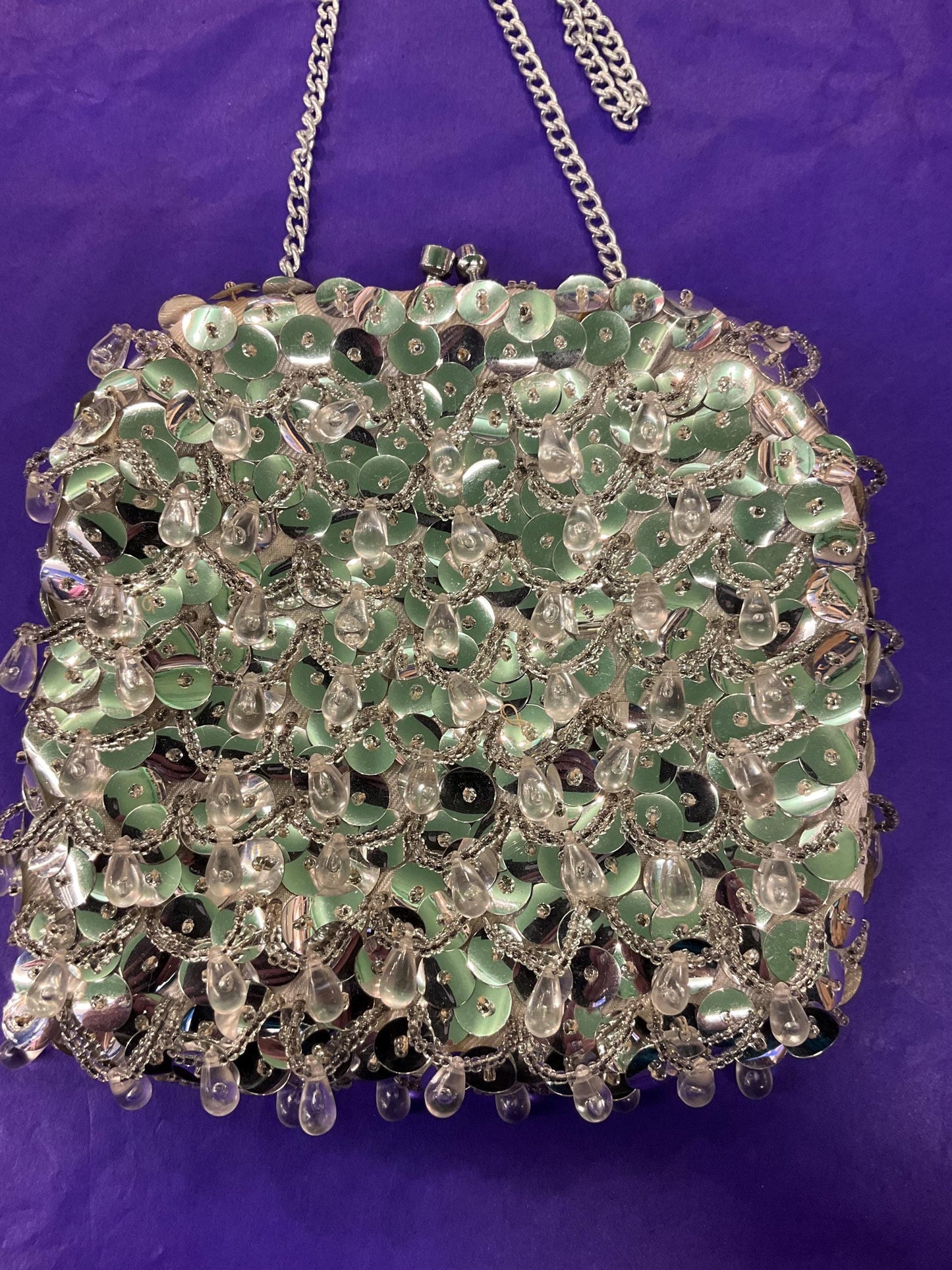 Vintage 1960s Silver Sequinned Satin Evening Bag , Clutch or Shoulder, looped fringes and tassels