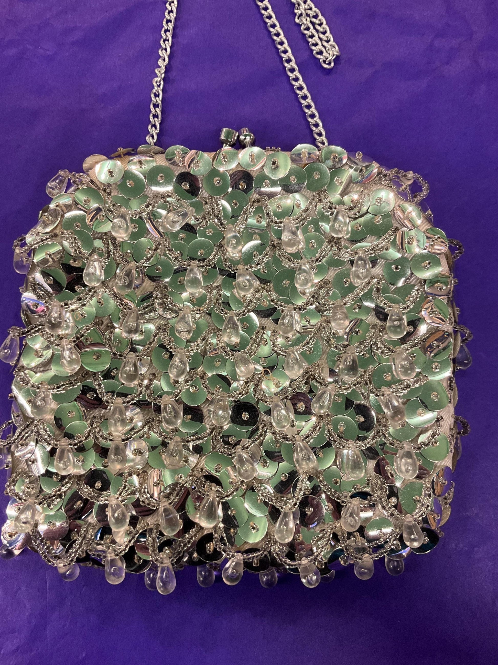 Vintage 1960s Silver Sequinned Satin Evening Bag , Clutch or Shoulder, looped fringes and tassels