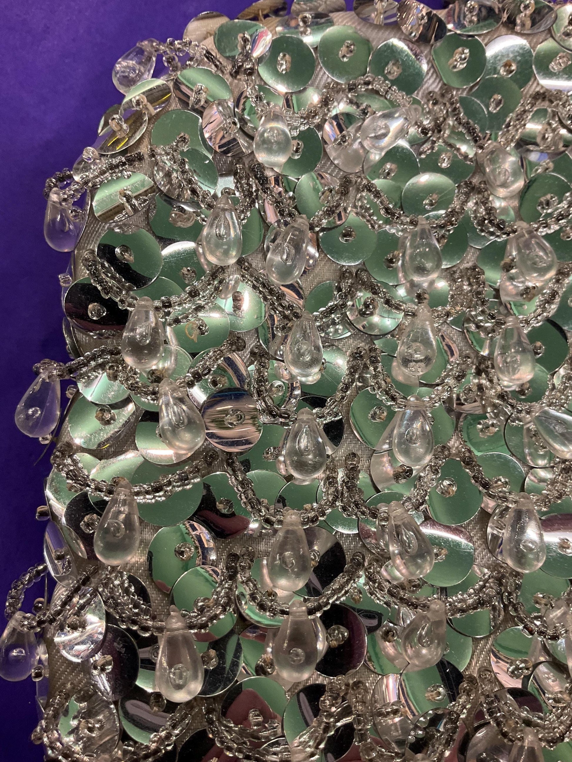 Vintage 1960s Silver Sequinned Satin Evening Bag , Clutch or Shoulder, looped fringes and tassels