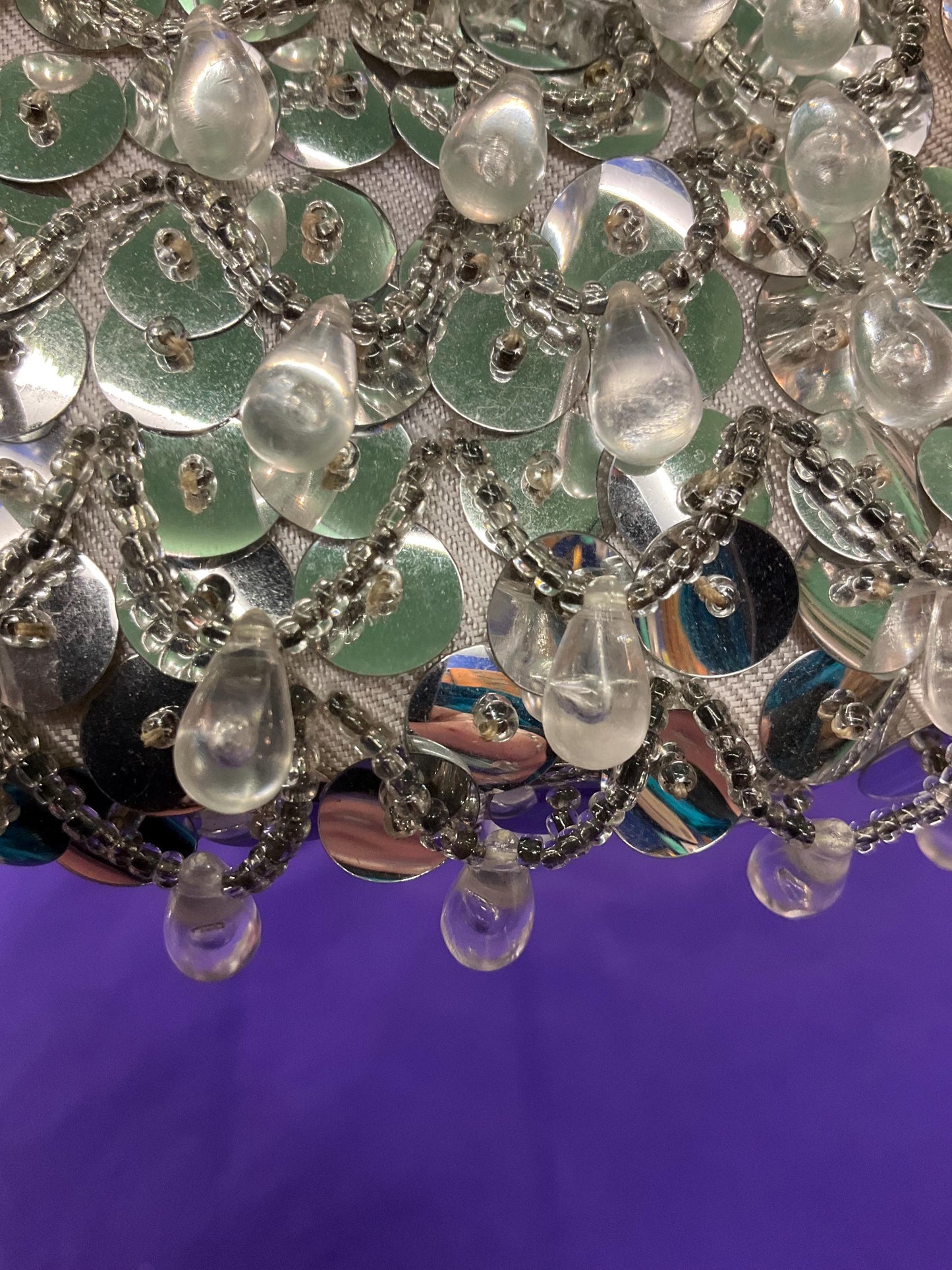 Vintage 1960s Silver Sequinned Satin Evening Bag , Clutch or Shoulder, looped fringes and tassels