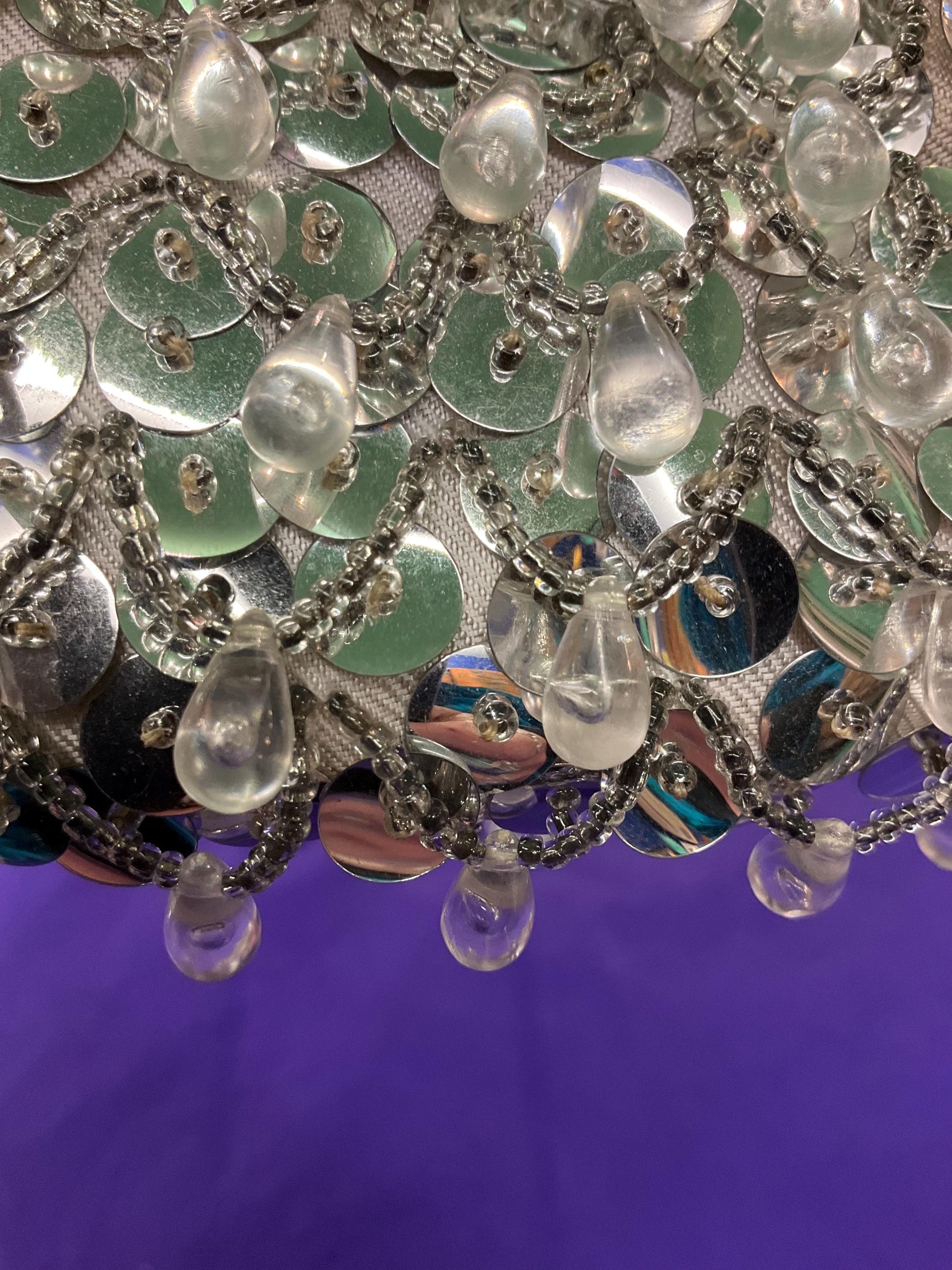 Vintage 1960s Silver Sequinned Satin Evening Bag , Clutch or Shoulder, looped fringes and tassels