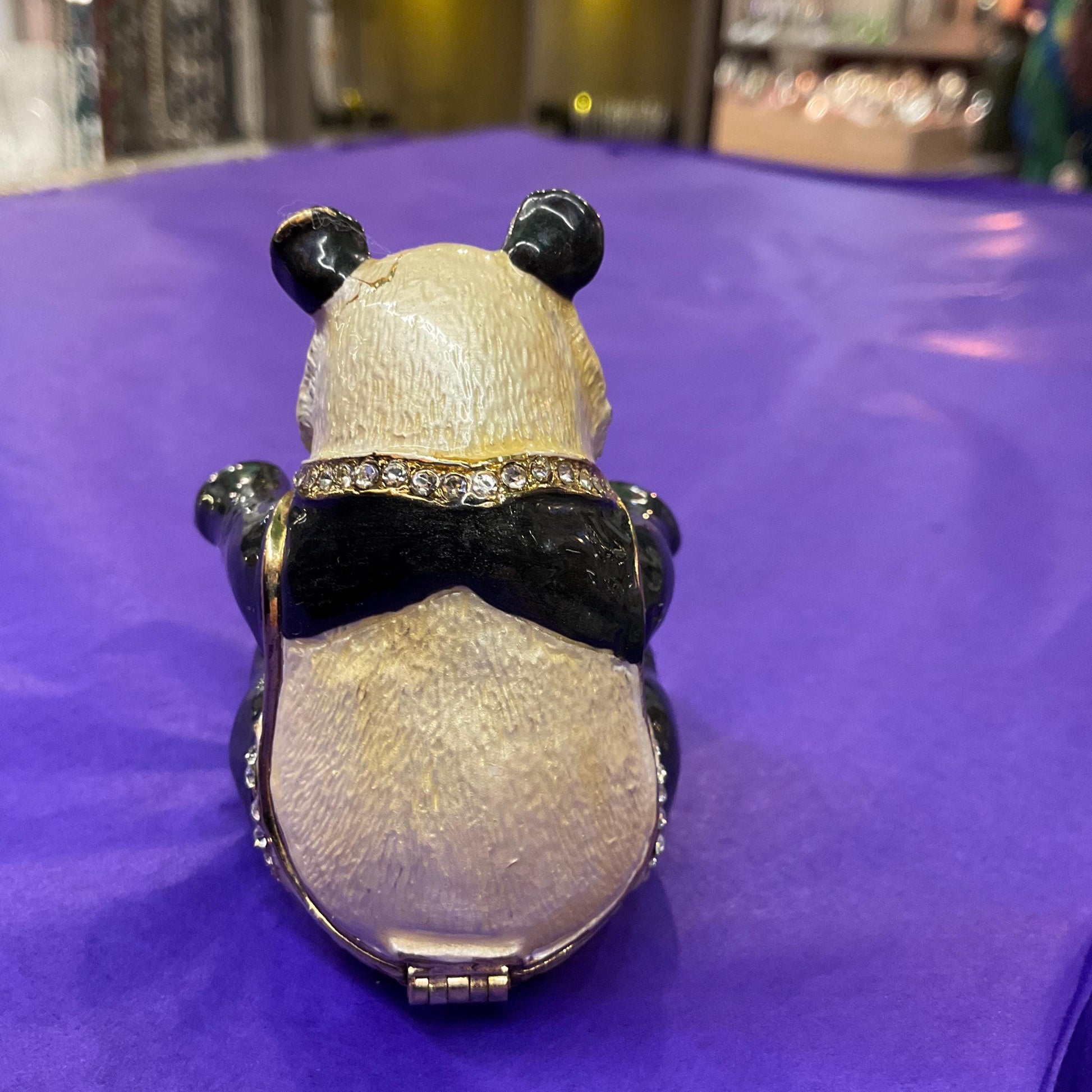 Vintage Faberge Style Panda Trinket Box, Glossy Enamel and Gold tone Rhinestones