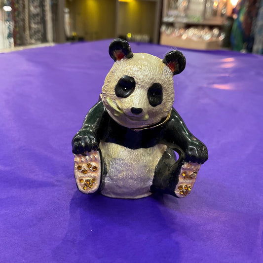Vintage Faberge Style Panda Trinket Box, Glossy Enamel and Gold tone Rhinestones