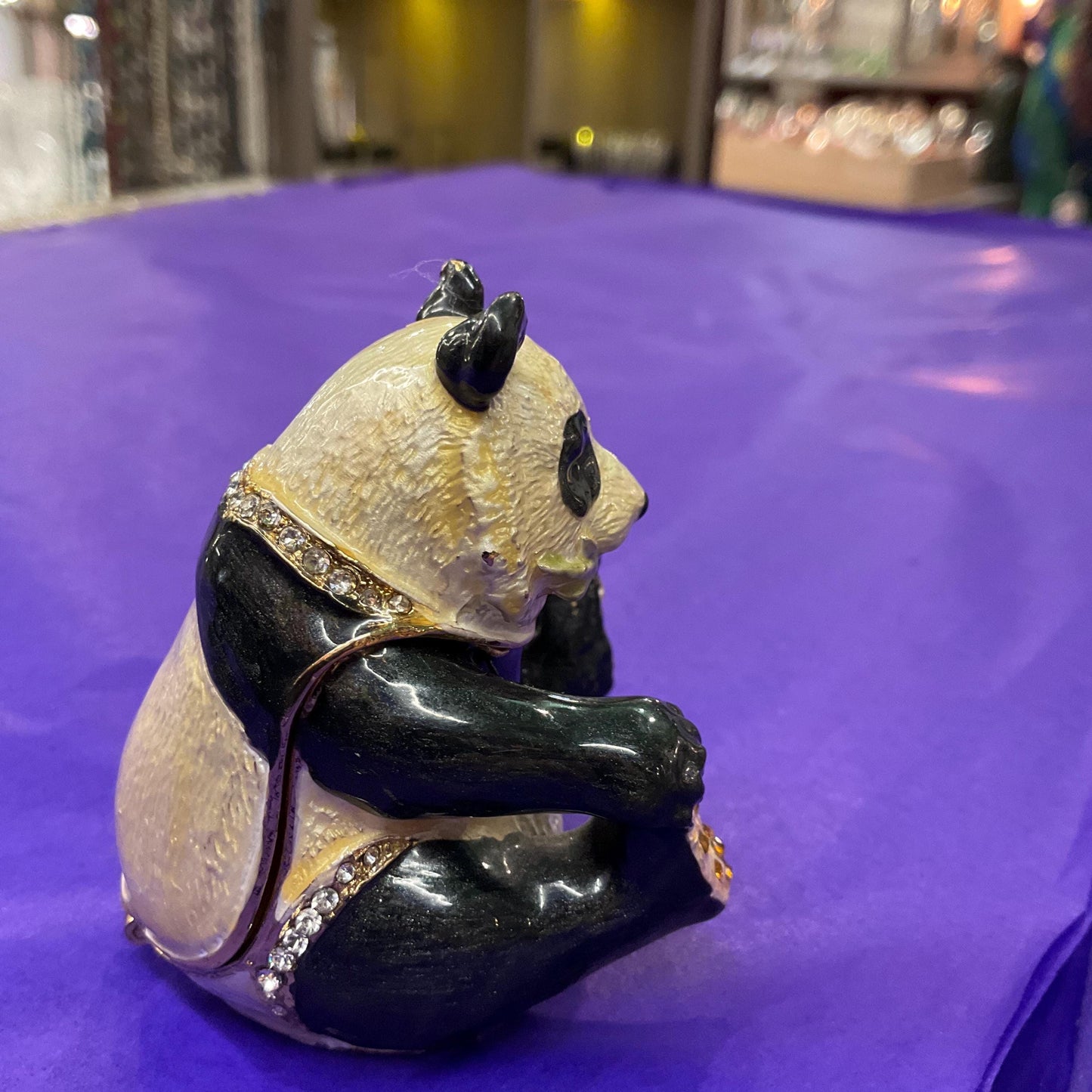 Vintage Faberge Style Panda Trinket Box, Glossy Enamel and Gold tone Rhinestones
