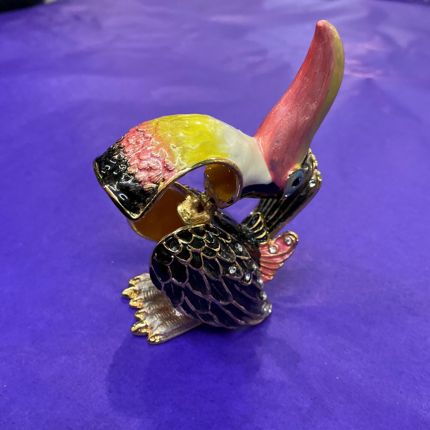Vintage Faberge Style Quirky Toucan Trinket Box, Coloured lustre Enamel and Silver Crystals