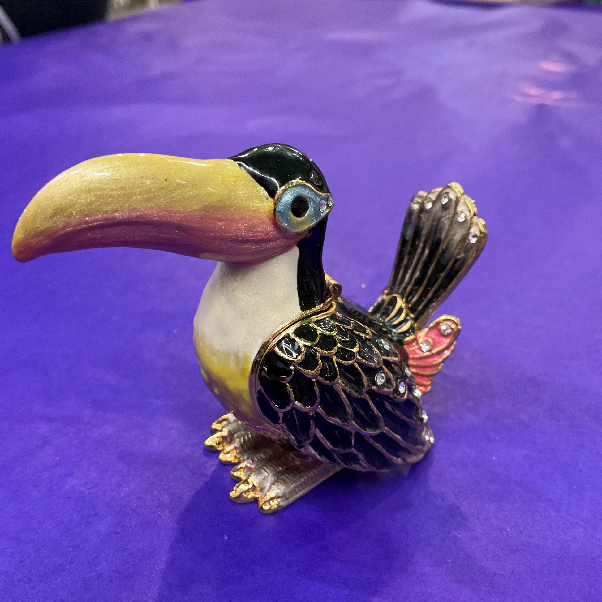 Vintage Faberge Style Quirky Toucan Trinket Box, Coloured lustre Enamel and Silver Crystals
