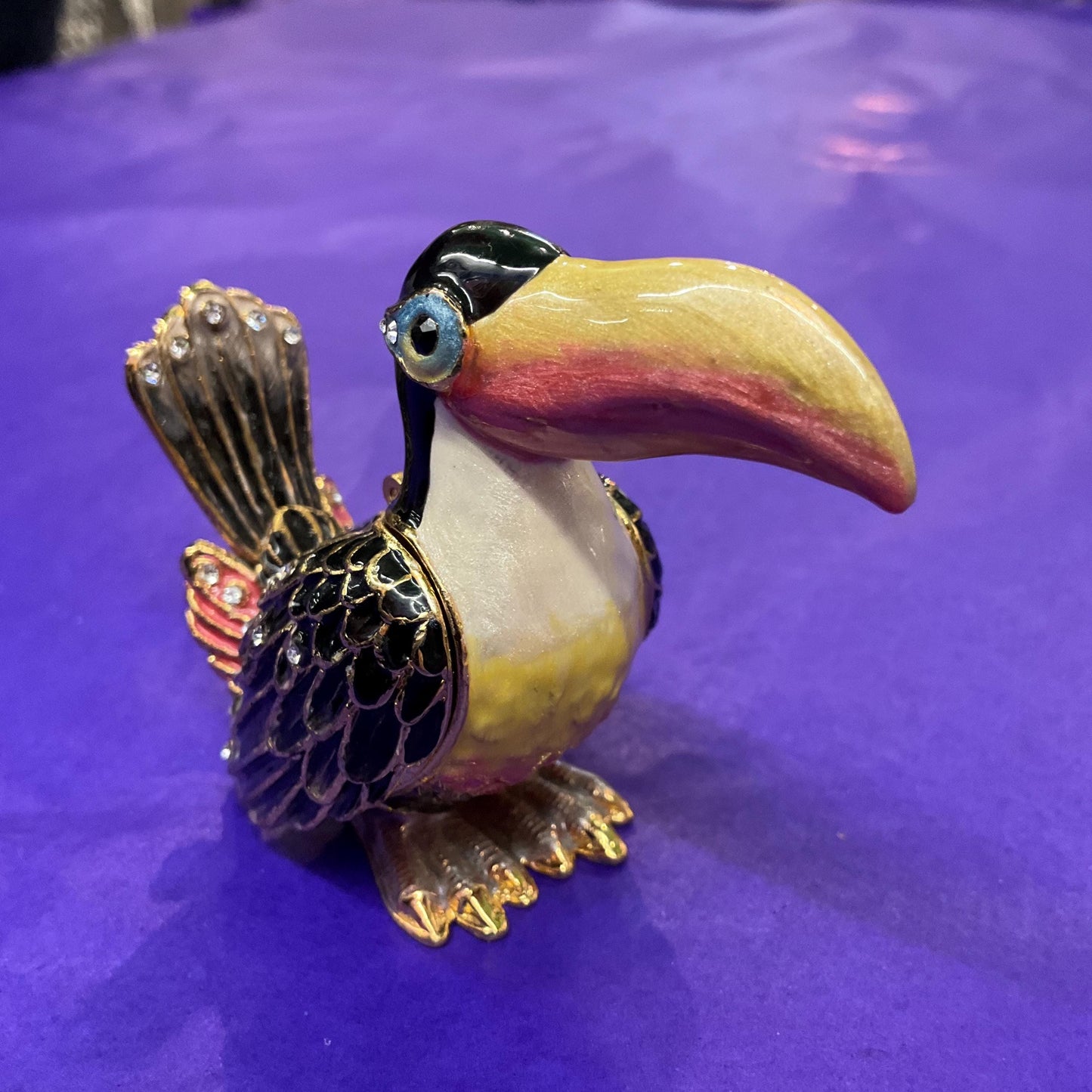 Vintage Faberge Style Quirky Toucan Trinket Box, Coloured lustre Enamel and Silver Crystals