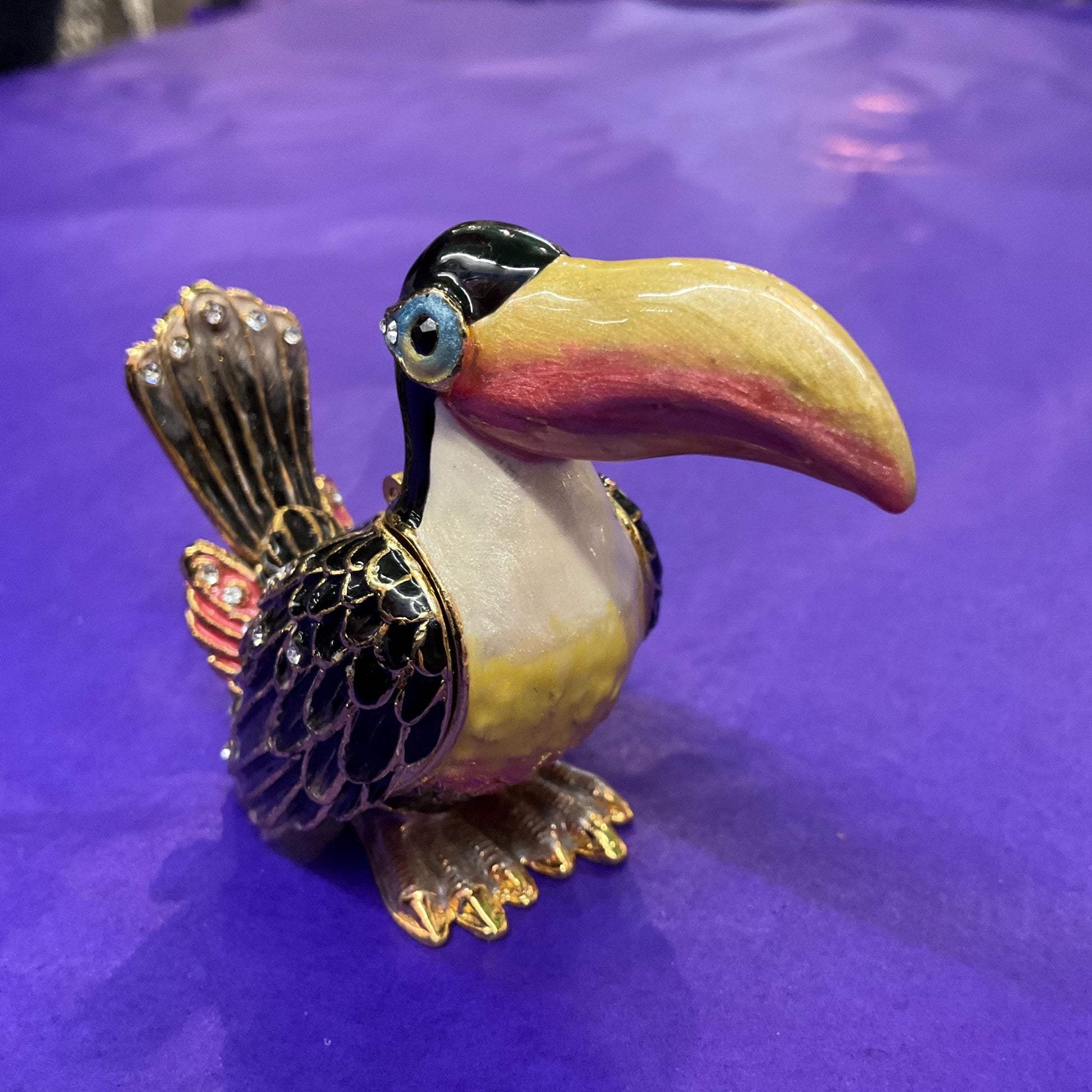 Vintage Faberge Style Quirky Toucan Trinket Box, Coloured lustre Enamel and Silver Crystals
