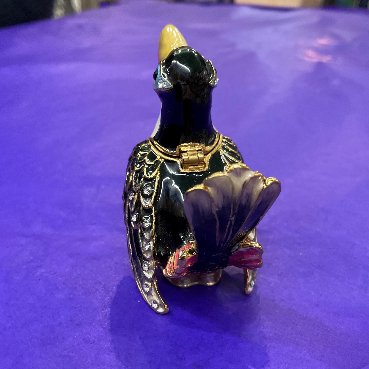Vintage Faberge Style Quirky Toucan Trinket Box, Coloured lustre Enamel and Silver Crystals