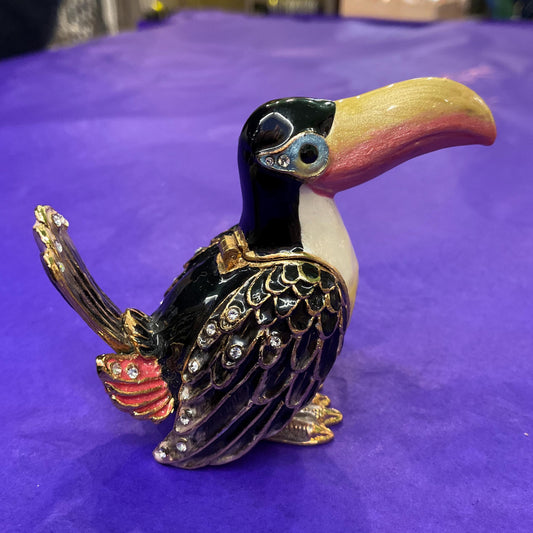 Vintage Faberge Style Quirky Toucan Trinket Box, Coloured lustre Enamel and Silver Crystals