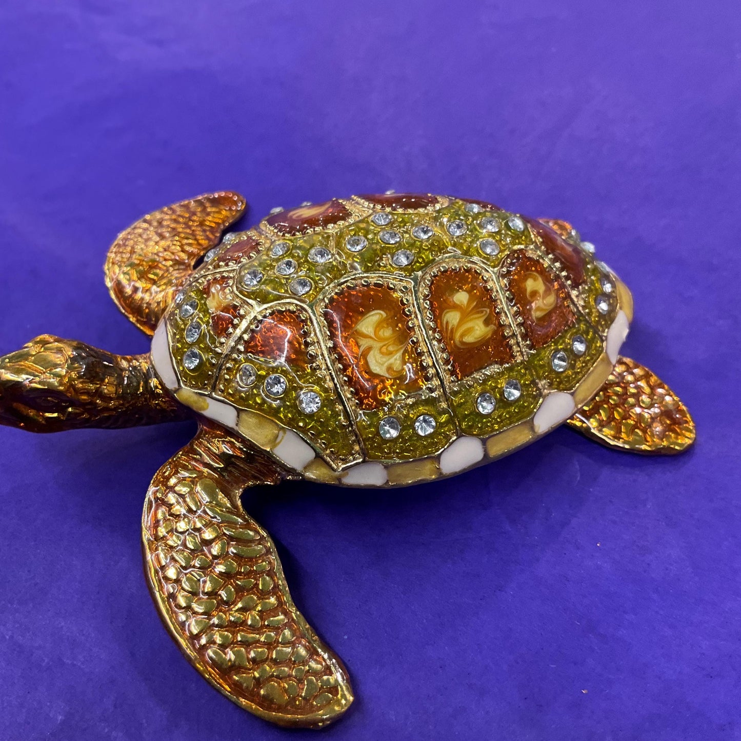 Vintage Faberge Style Large Golden Turtle Crystal Trinket Box, Gold tones of Lustre enamel and silver crystals