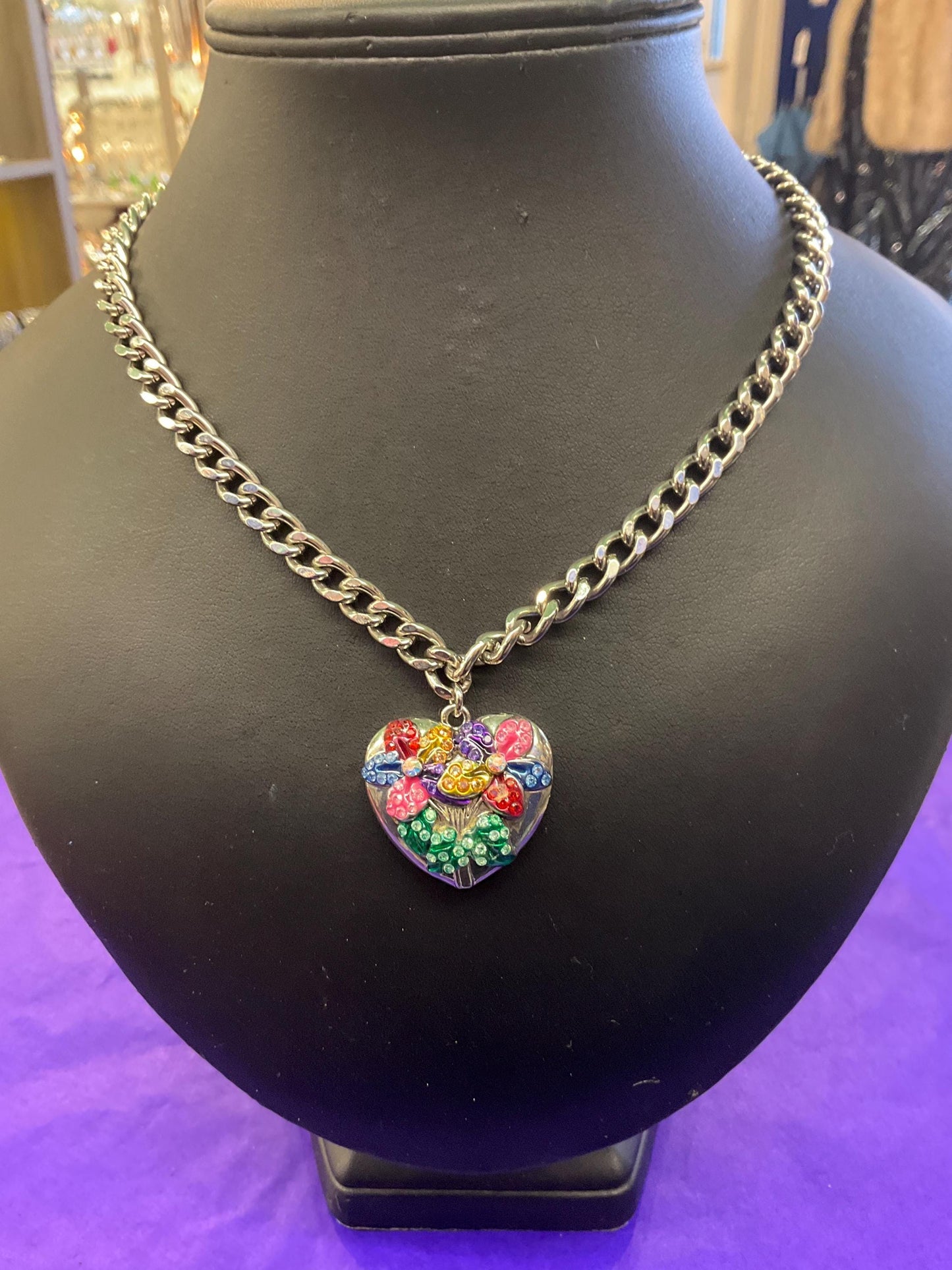 vintage Butler and Wilson floral heart pendant, silver tone metal with multicoloured enamel and borealis rhinestones.