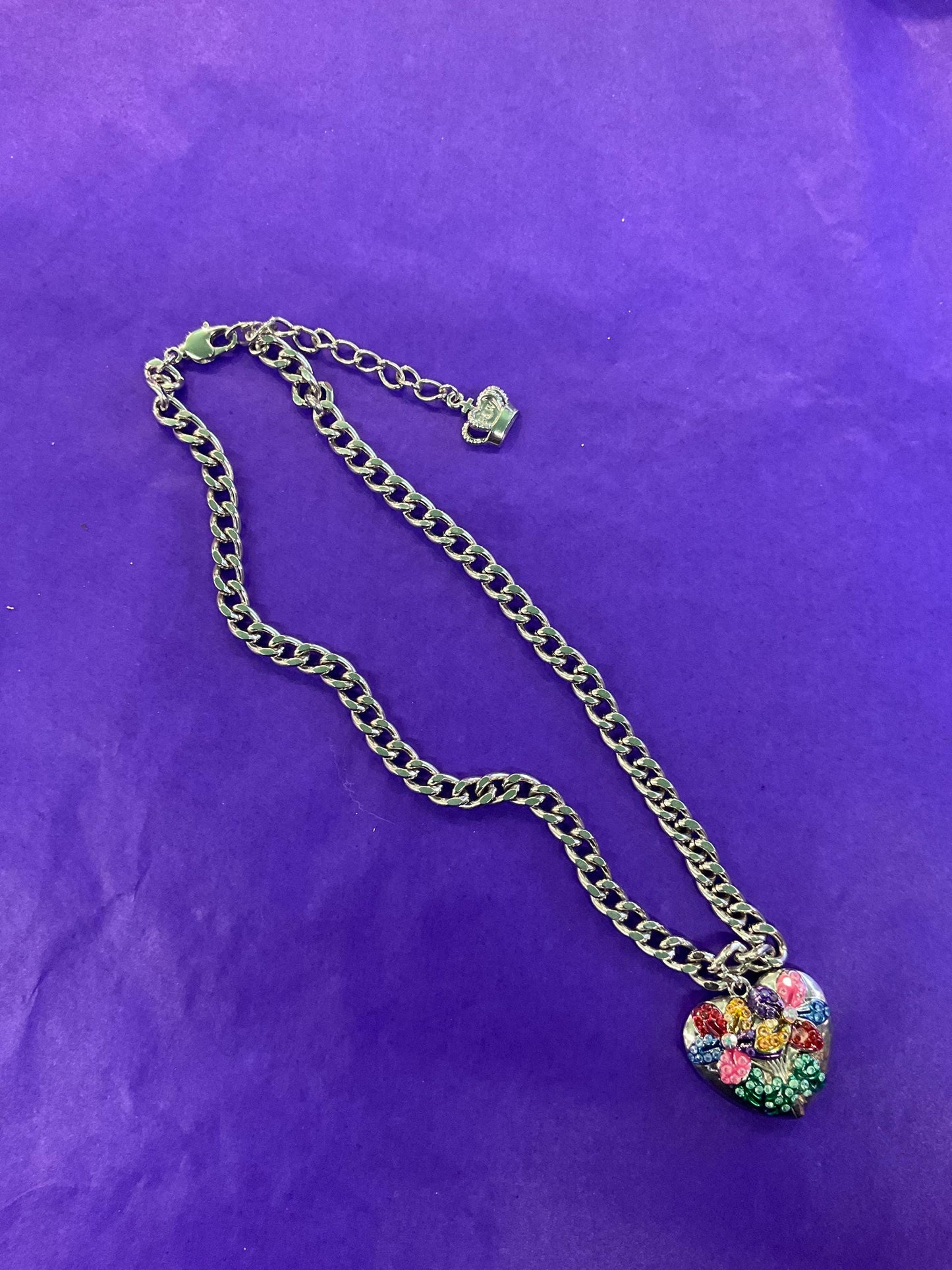 vintage Butler and Wilson floral heart pendant, silver tone metal with multicoloured enamel and borealis rhinestones.