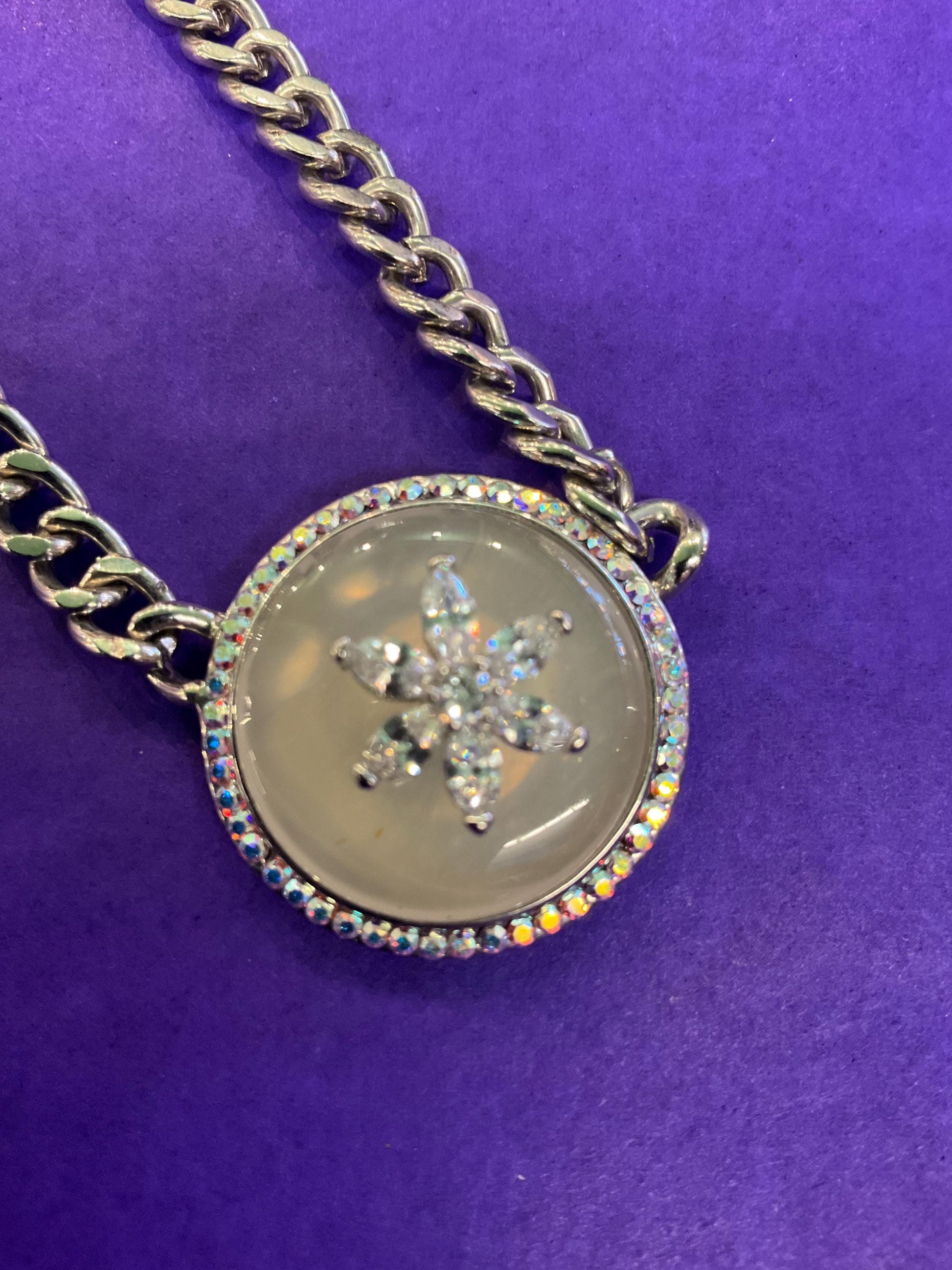 vintage Butler and Wilson crystal Art deco style necklace, silver tone with clear donut crystal, silver and aroura borealis rhinestones.