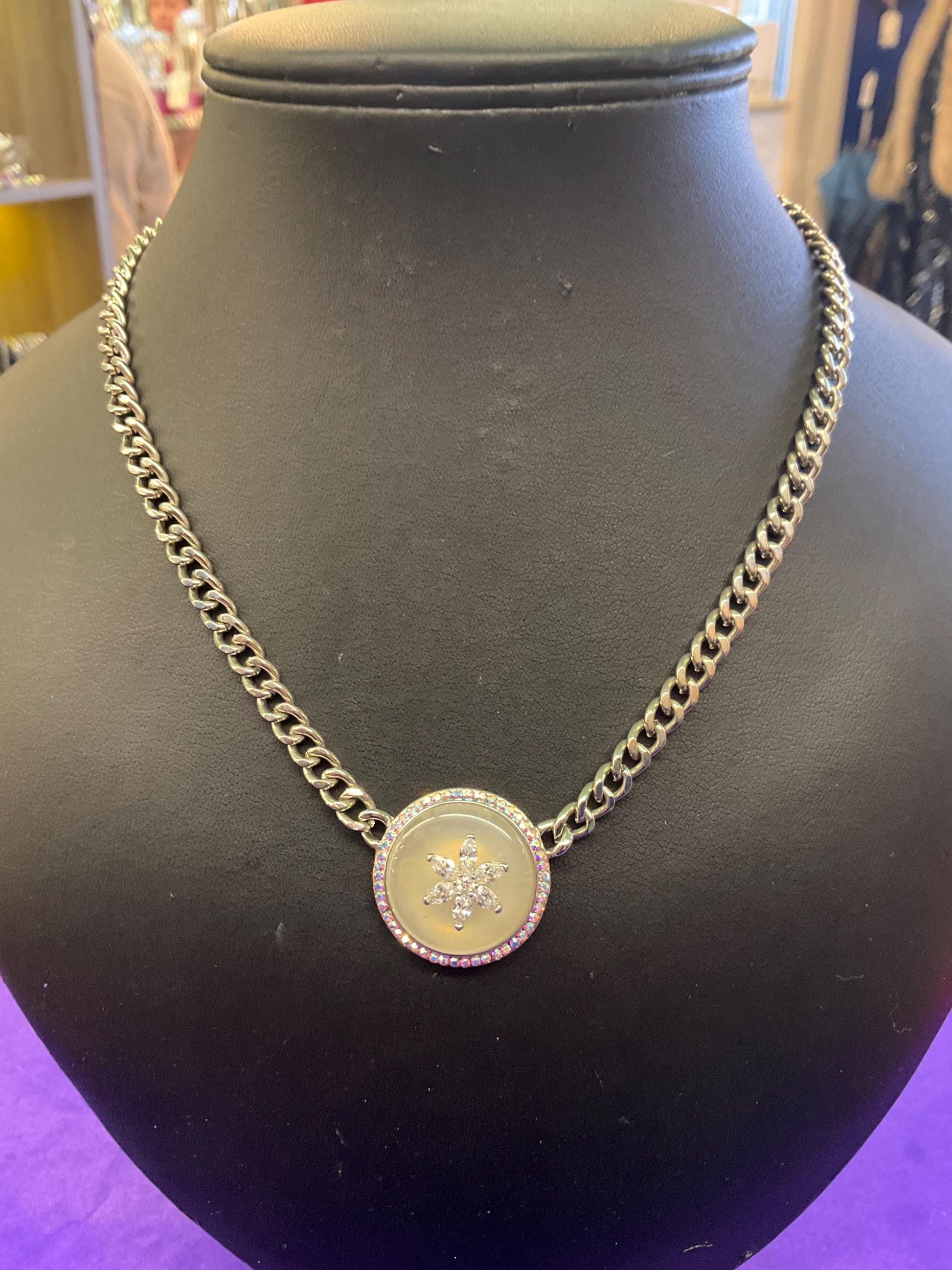 vintage Butler and Wilson crystal Art deco style necklace, silver tone with clear donut crystal, silver and aroura borealis rhinestones.