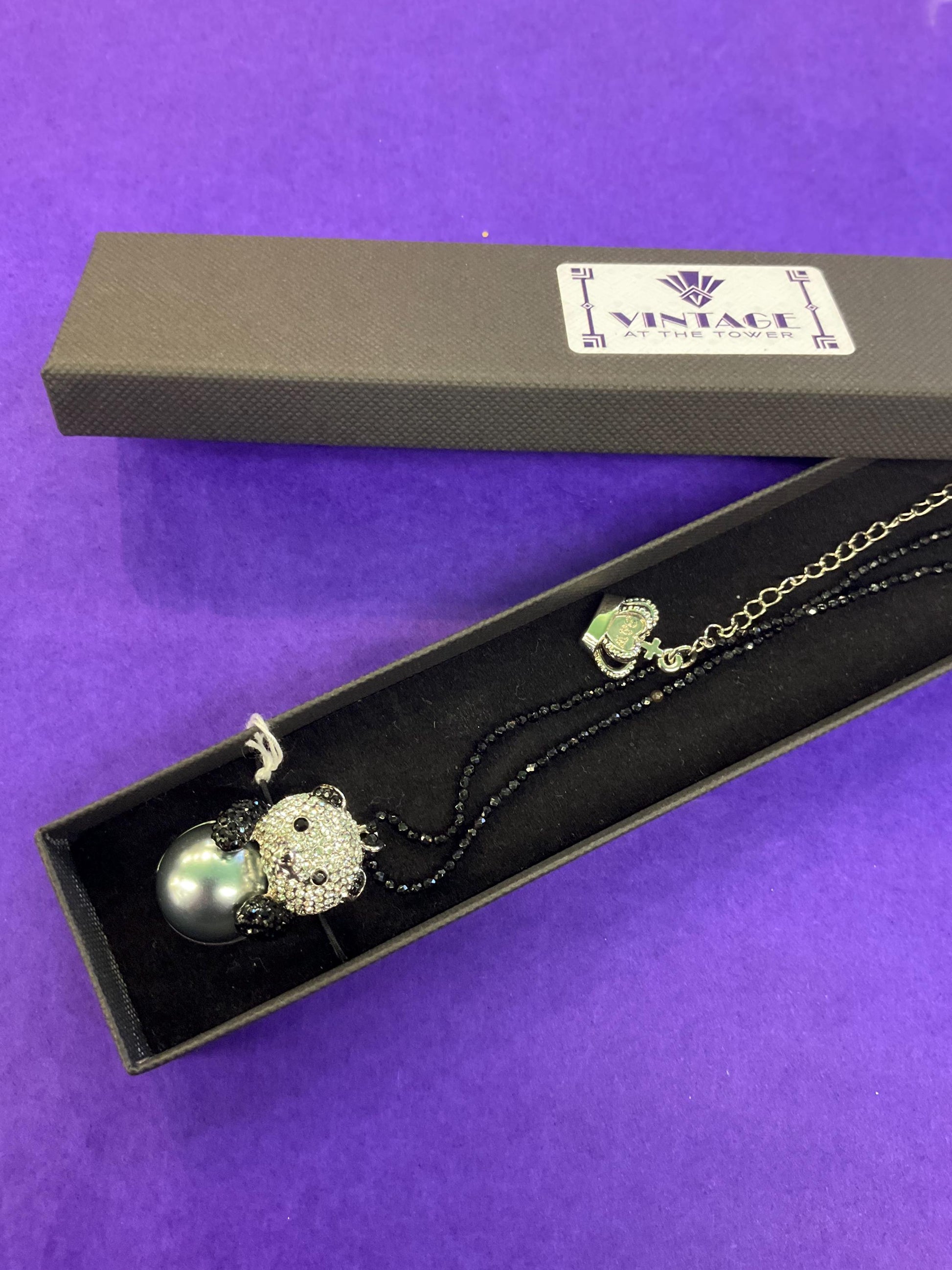 vintage Butler and Wilson crystal and fresh water pearl Panda pendant onto spinel gemstone fine beaded chain