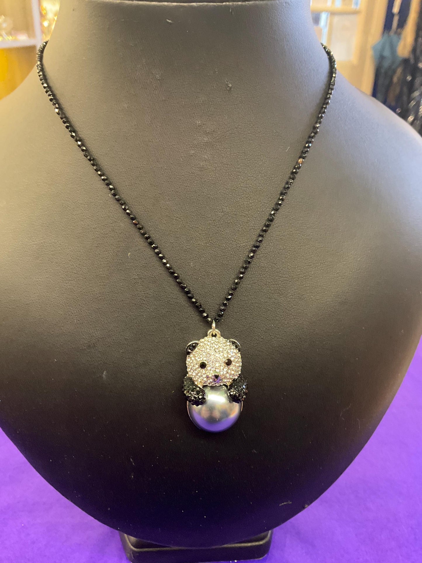 vintage Butler and Wilson crystal and fresh water pearl Panda pendant onto spinel gemstone fine beaded chain