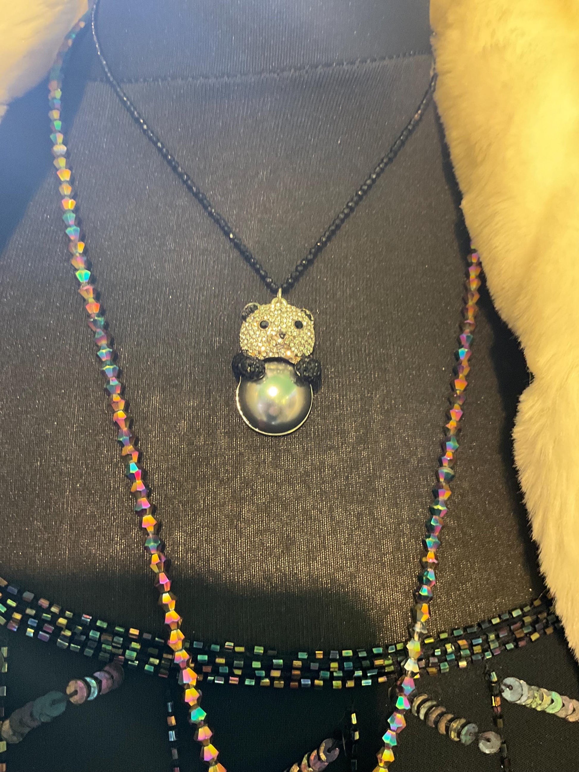 vintage Butler and Wilson crystal and fresh water pearl Panda pendant onto spinel gemstone fine beaded chain