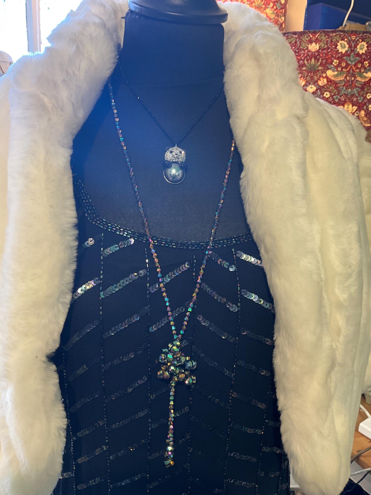 vintage Butler and Wilson crystal and fresh water pearl Panda pendant onto spinel gemstone fine beaded chain