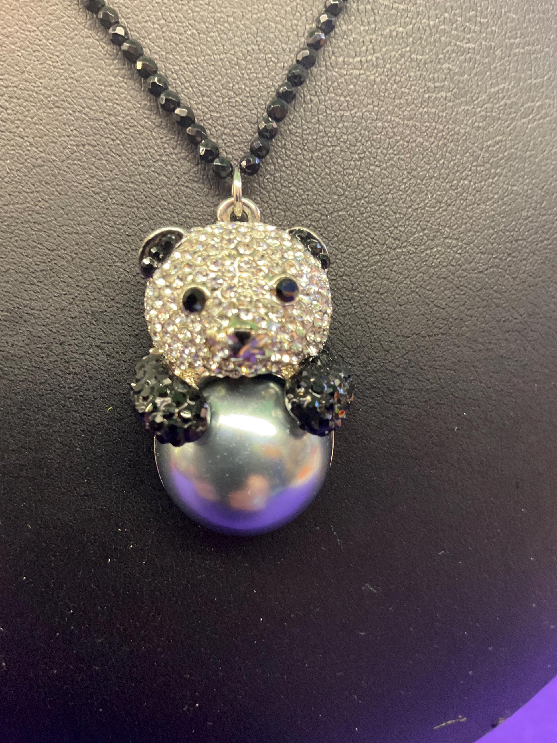 vintage Butler and Wilson crystal and fresh water pearl Panda pendant onto spinel gemstone fine beaded chain