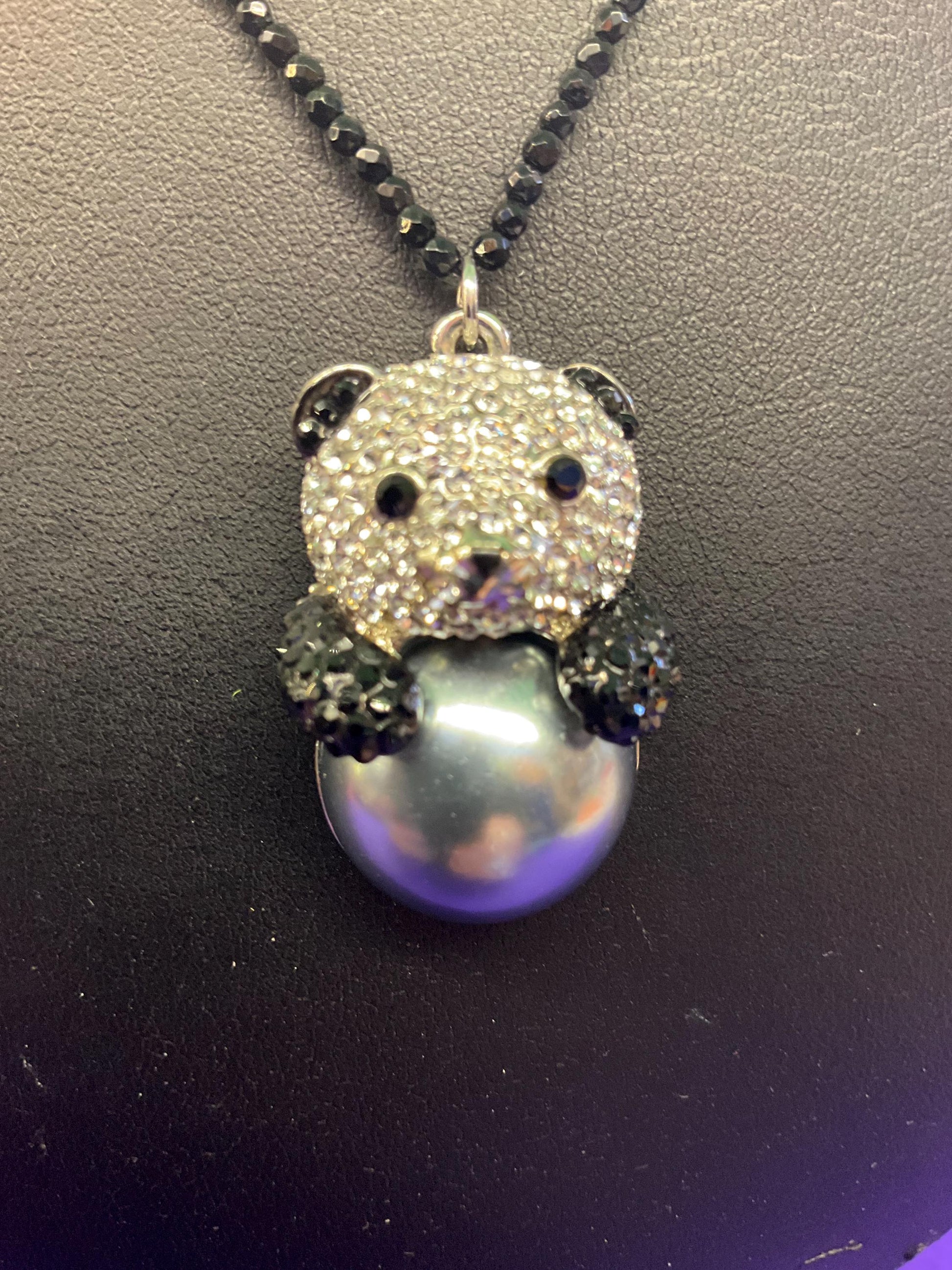 vintage Butler and Wilson crystal and fresh water pearl Panda pendant onto spinel gemstone fine beaded chain