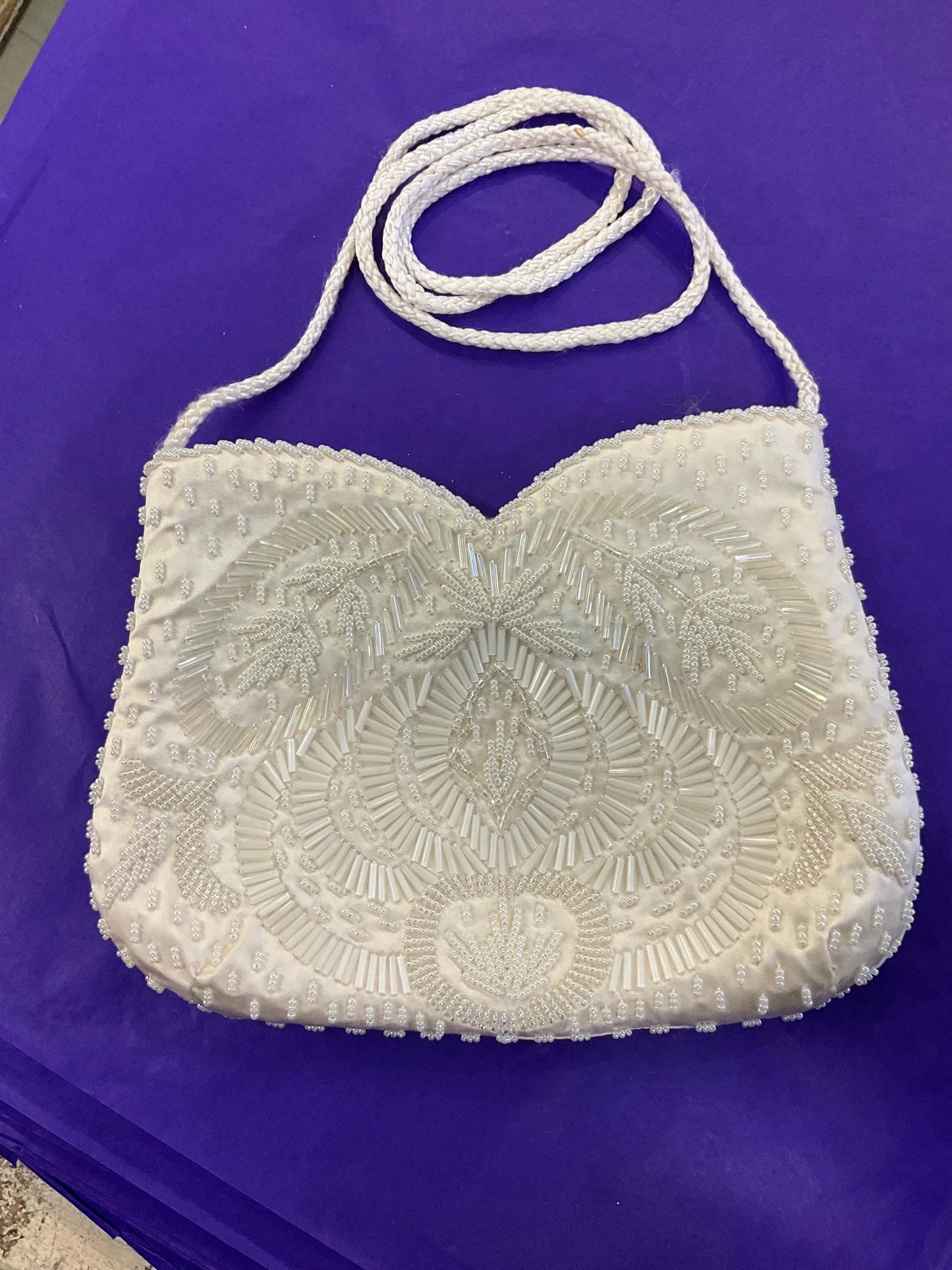 vintage ’sailsburys’ 1970s Ivory satin beaded evening bag, clutch or shoulder strap