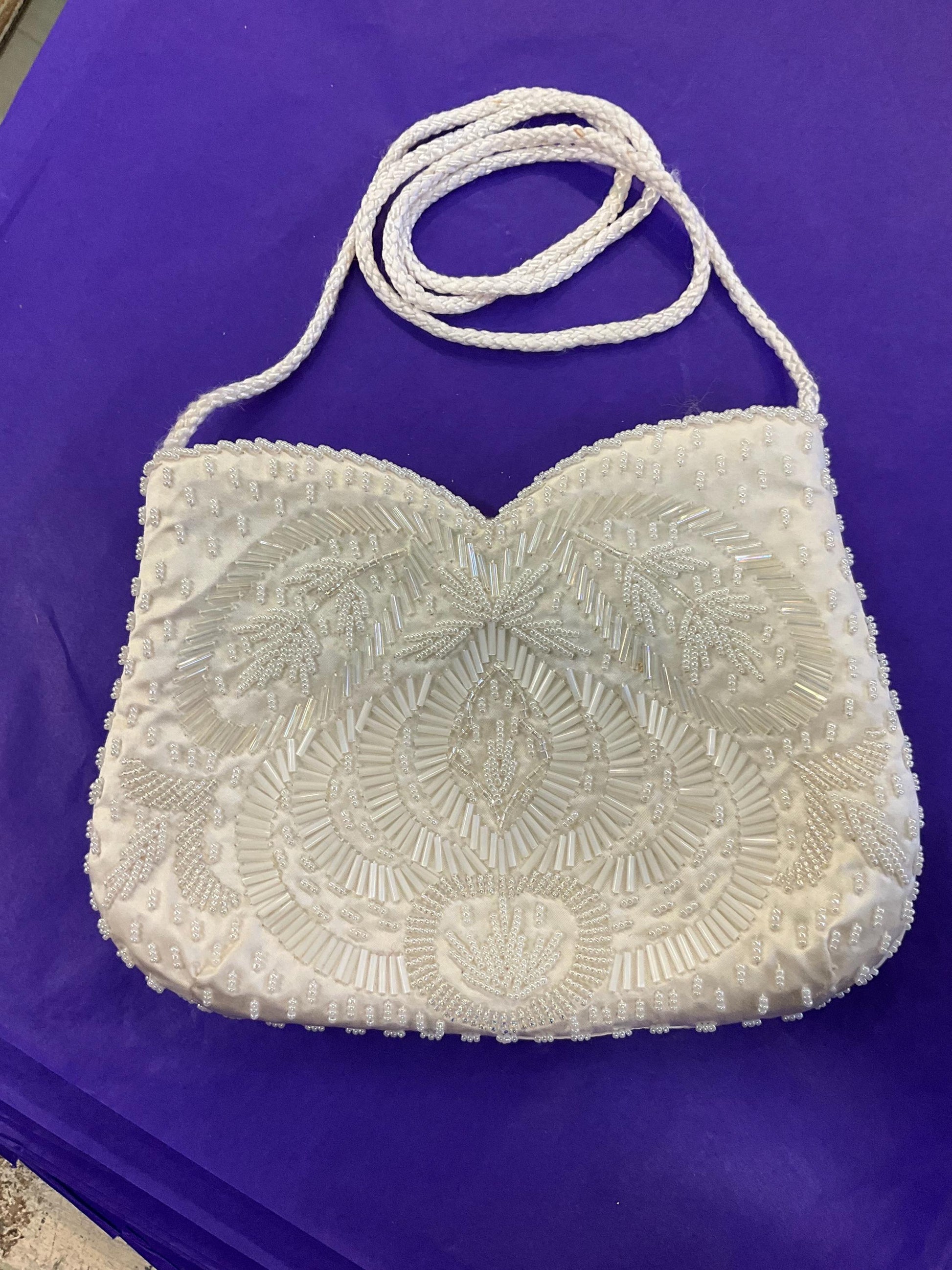 vintage ’sailsburys’ 1970s Ivory satin beaded evening bag, clutch or shoulder strap