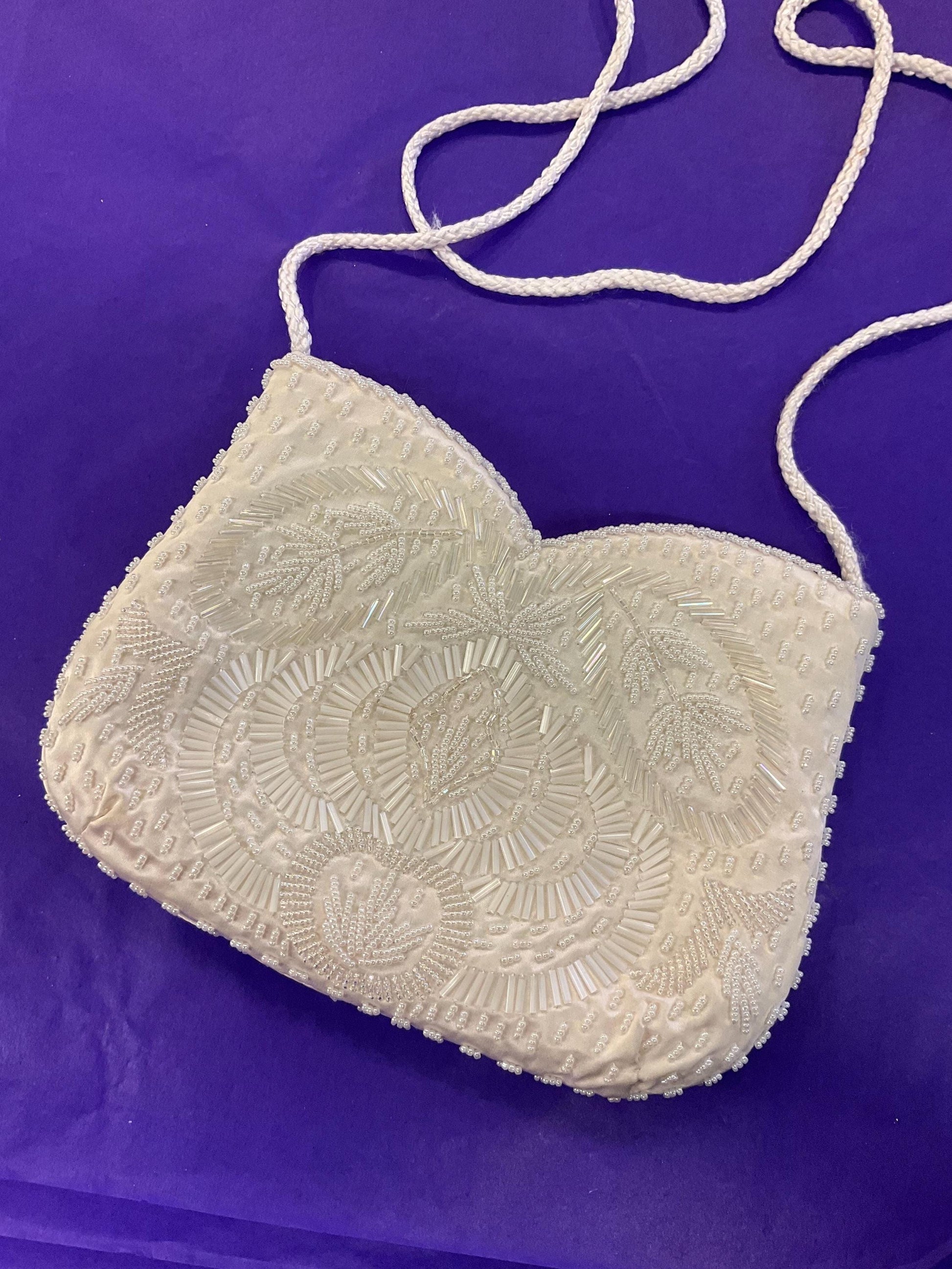vintage ’sailsburys’ 1970s Ivory satin beaded evening bag, clutch or shoulder strap