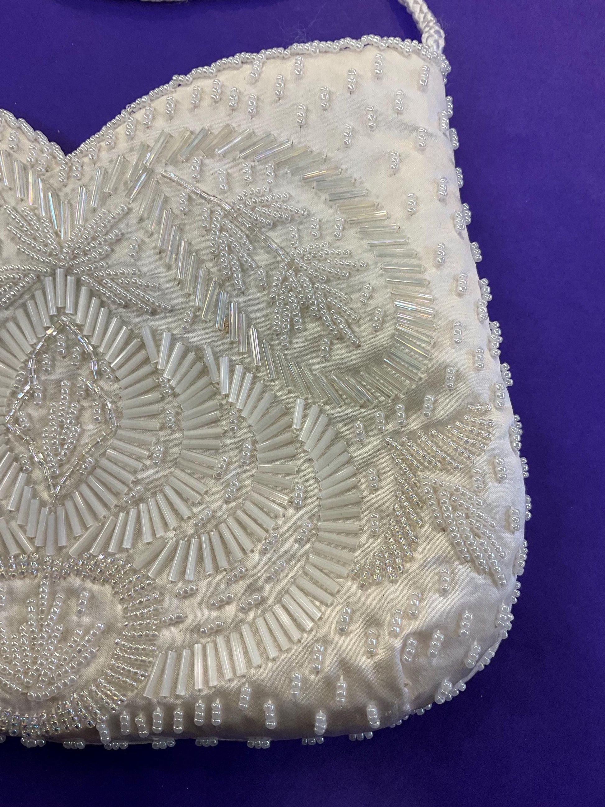 vintage ’sailsburys’ 1970s Ivory satin beaded evening bag, clutch or shoulder strap