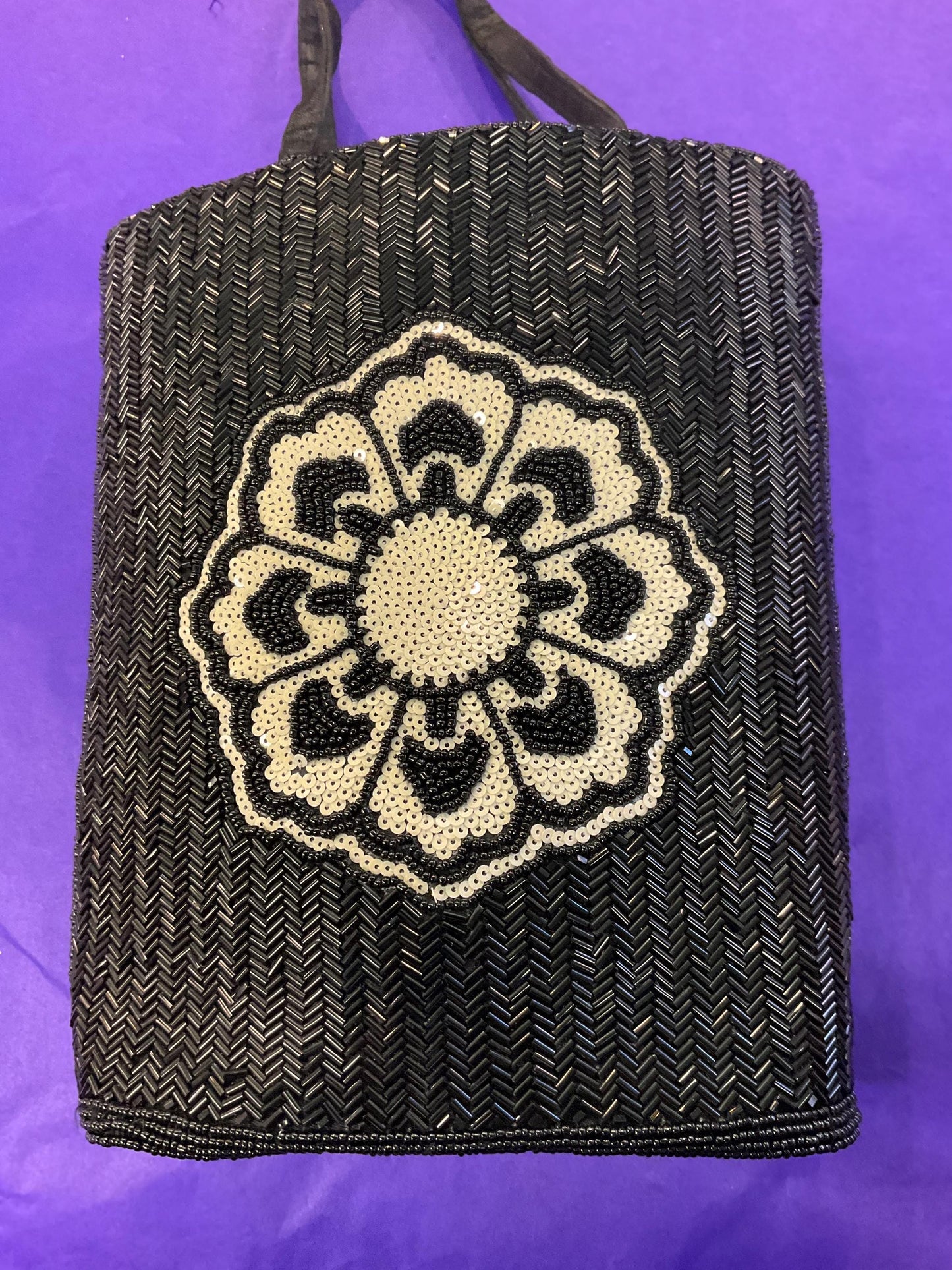 vintage monochrome beaded flower large evening bag, Black beads with Ivory sequins