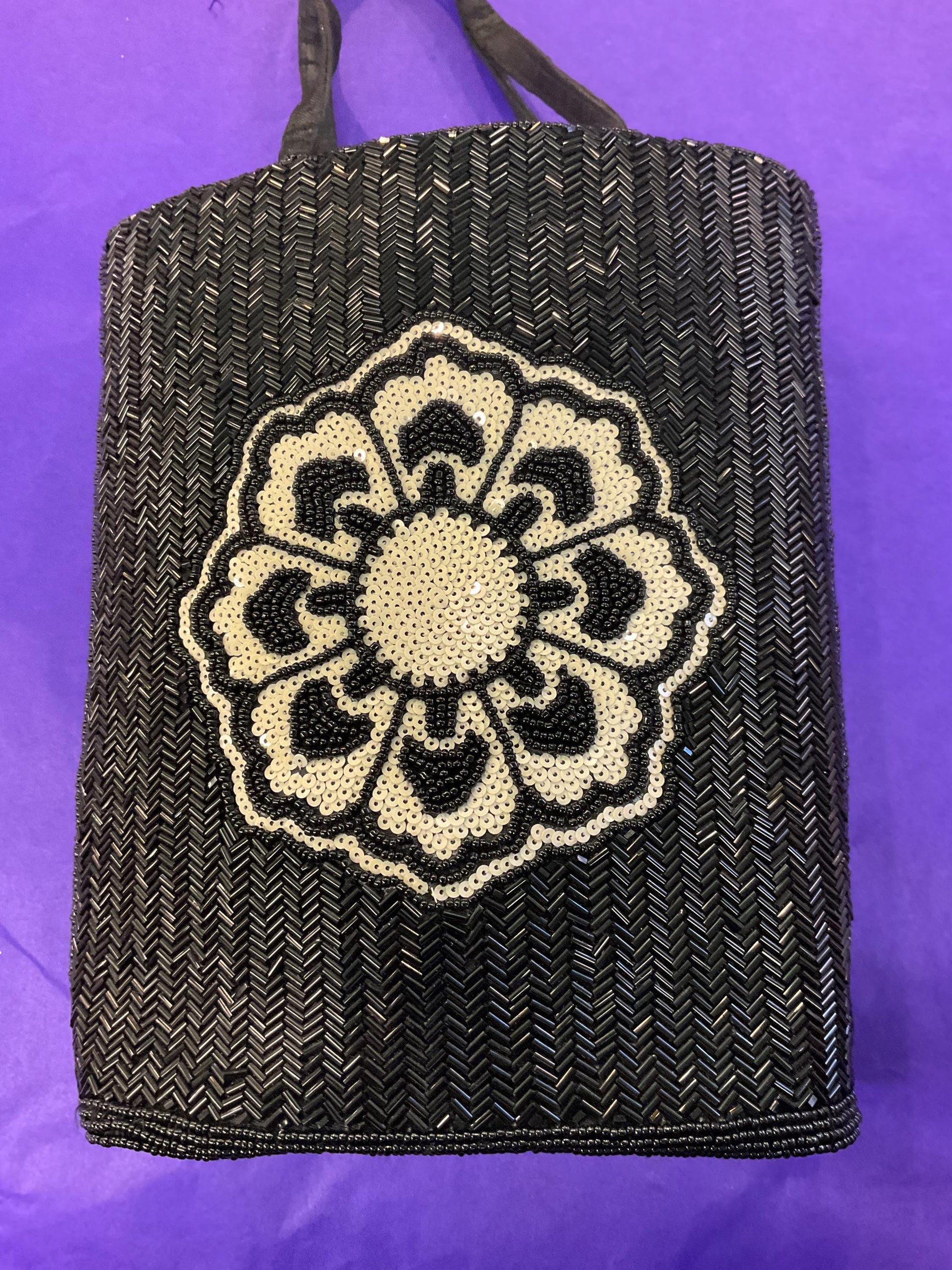 vintage monochrome beaded flower large evening bag, Black beads with Ivory sequins