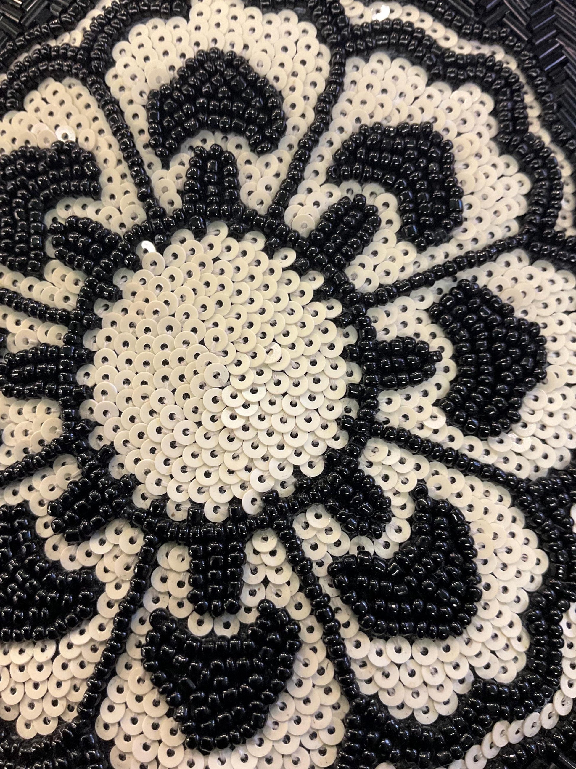 vintage monochrome beaded flower large evening bag, Black beads with Ivory sequins