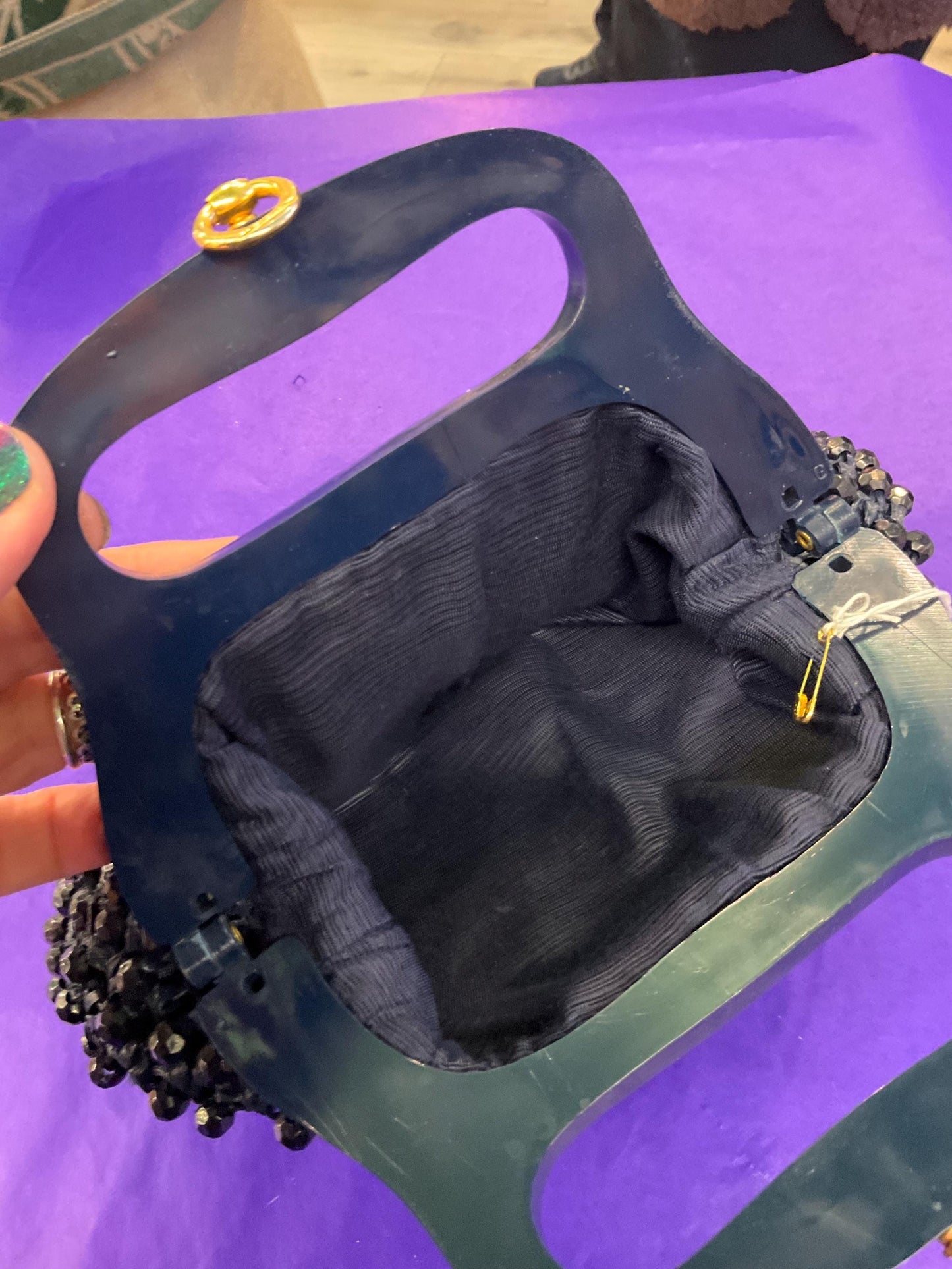 vintage 1960s Italian Navy Rafia beaded Handbag, Hand made in Italy.