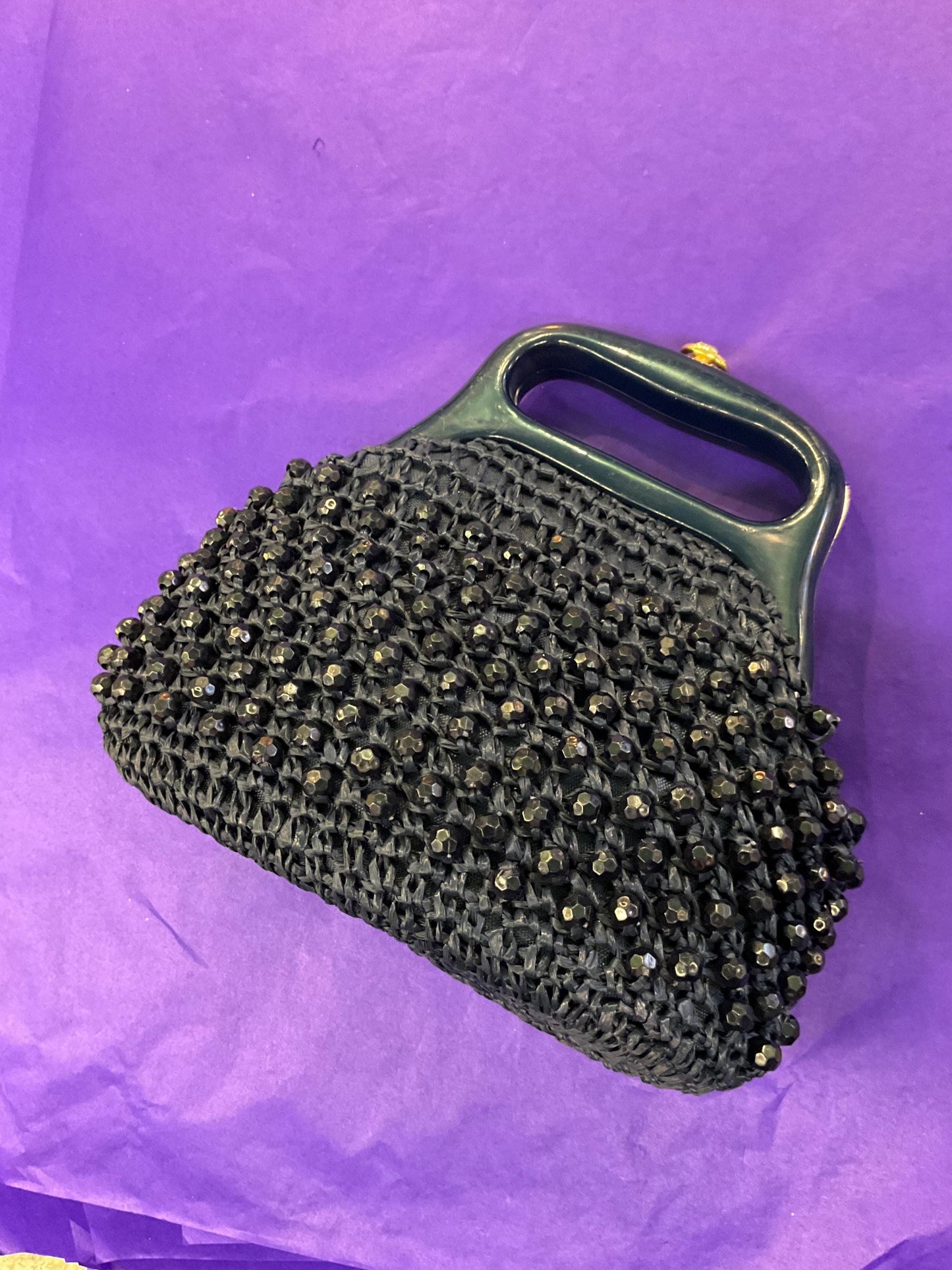 vintage 1960s Italian Navy Rafia beaded Handbag, Hand made in Italy.