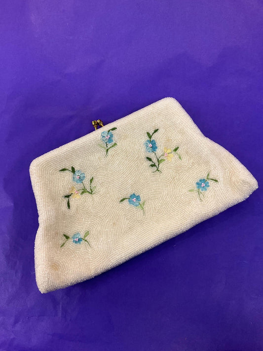 Vintage 1950s Ivory floral beaded clutch bag, embroidered small flowers with lustre seed beads.