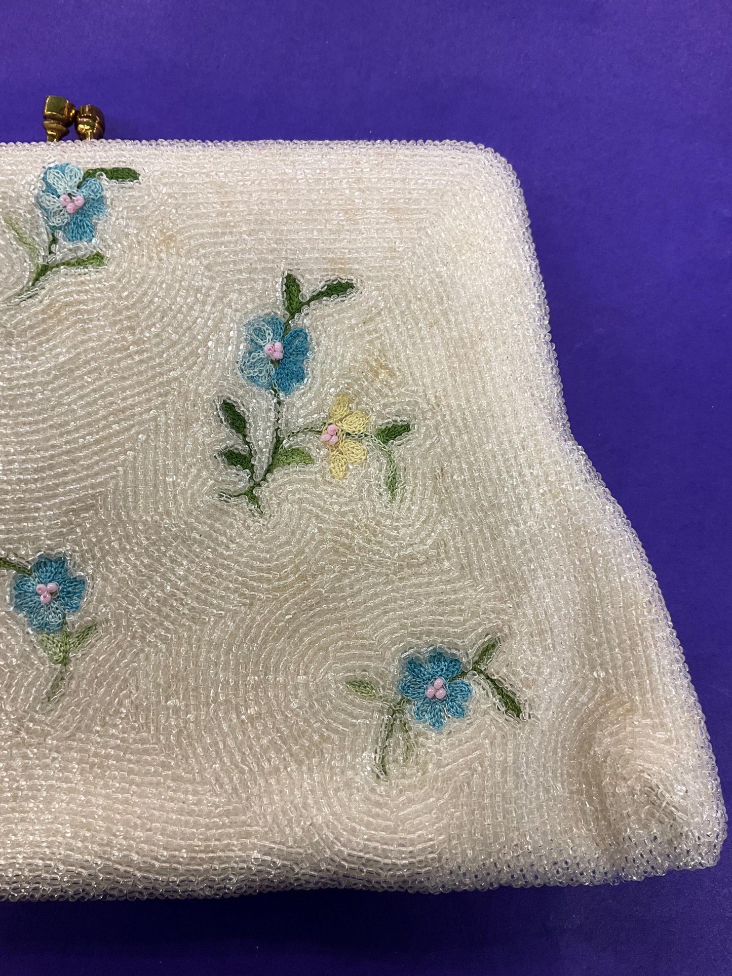 Vintage 1950s Ivory floral beaded clutch bag, embroidered small flowers with lustre seed beads.
