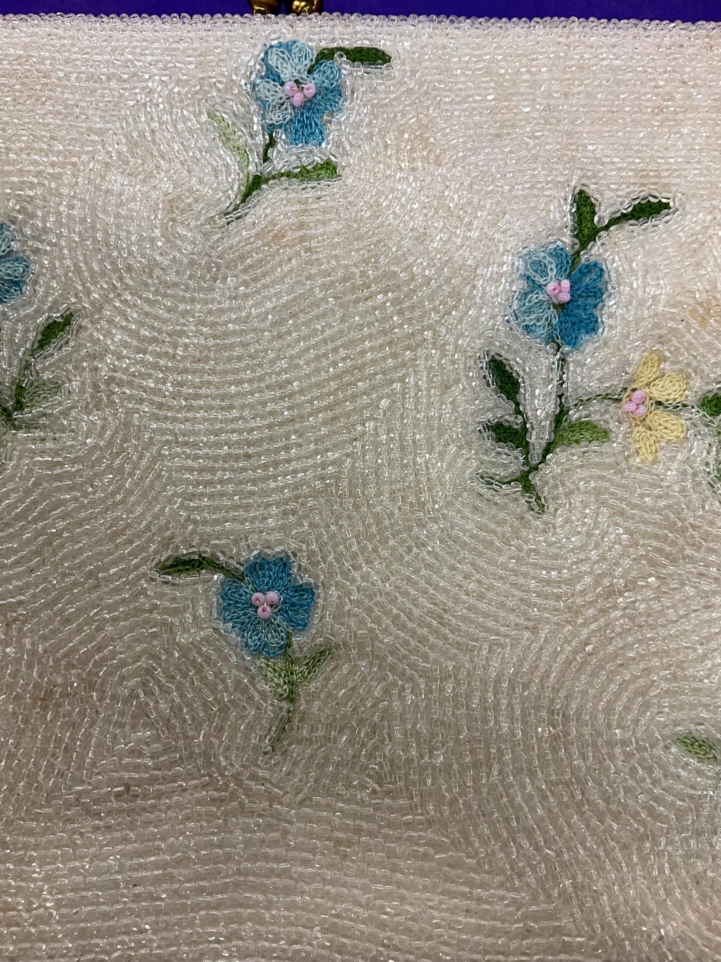 Vintage 1950s Ivory floral beaded clutch bag, embroidered small flowers with lustre seed beads.