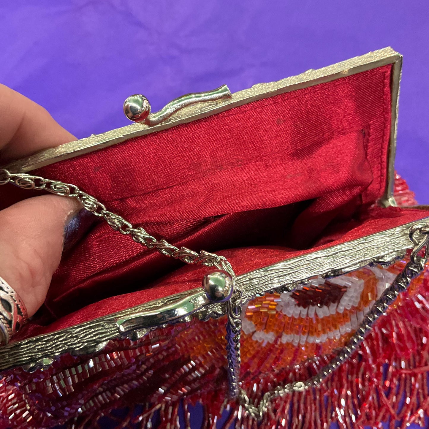 vintage statement Beaded peacock feather fringed evening bag, lustre pink, red and orange bugle beads