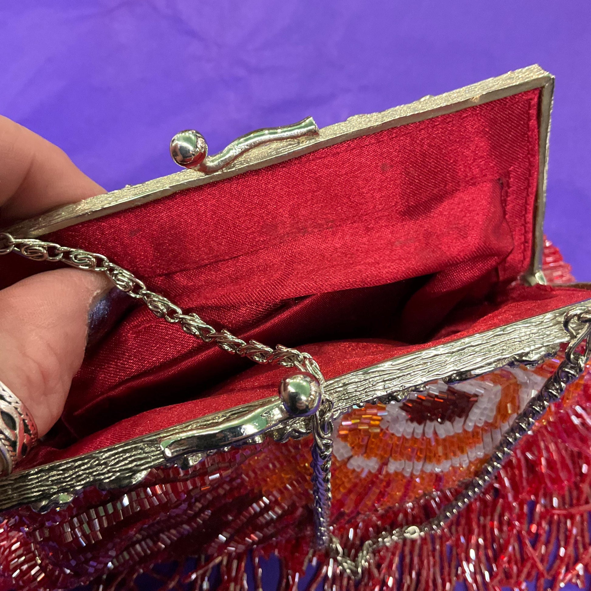 vintage statement Beaded peacock feather fringed evening bag, lustre pink, red and orange bugle beads