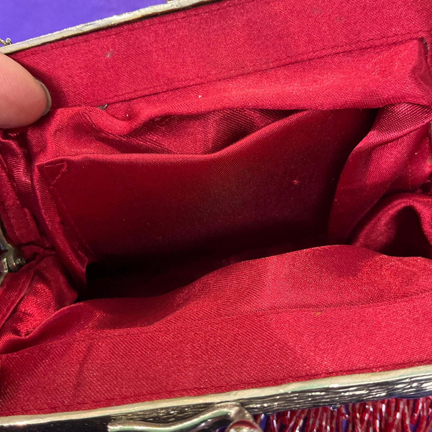 vintage statement Beaded peacock feather fringed evening bag, lustre pink, red and orange bugle beads