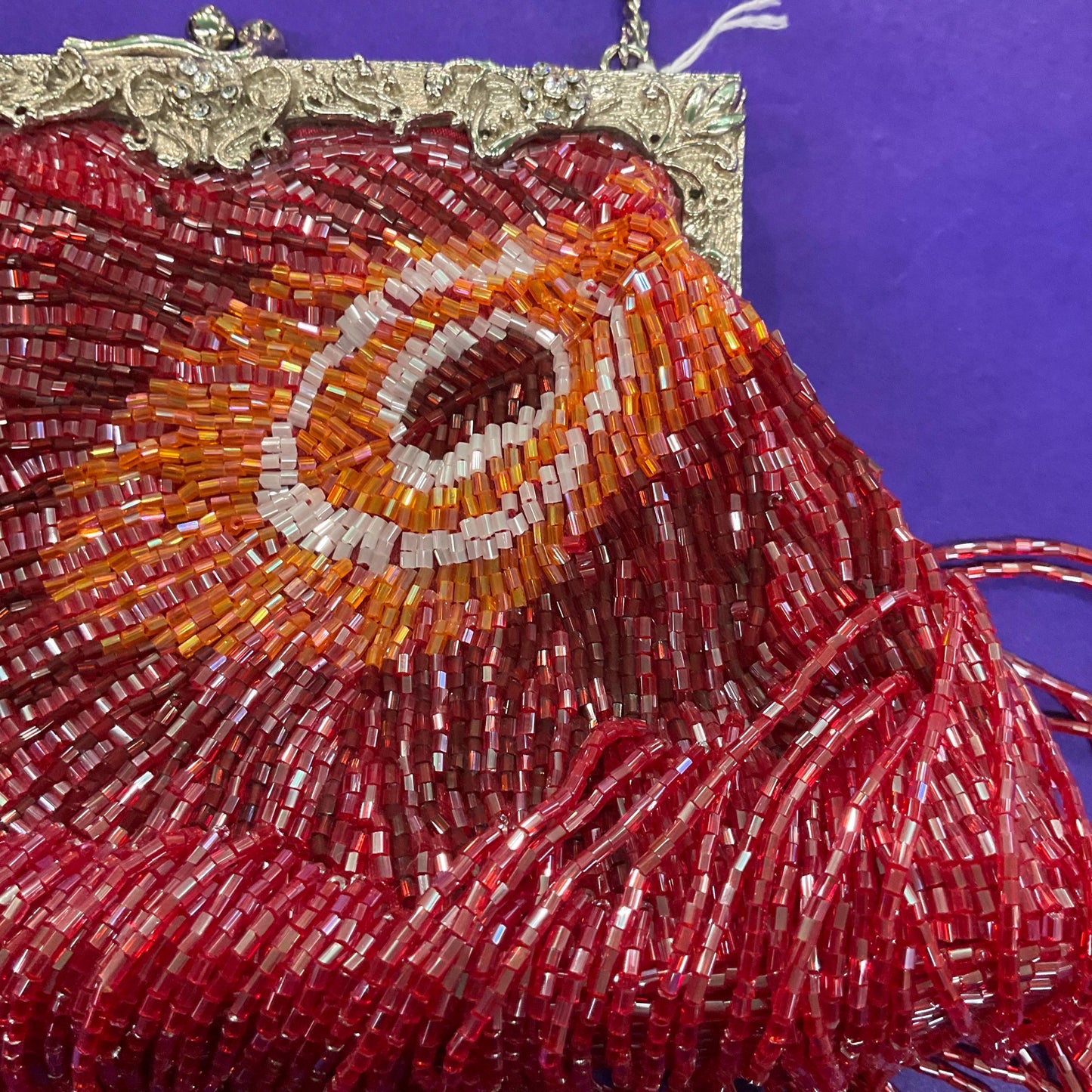 vintage statement Beaded peacock feather fringed evening bag, lustre pink, red and orange bugle beads