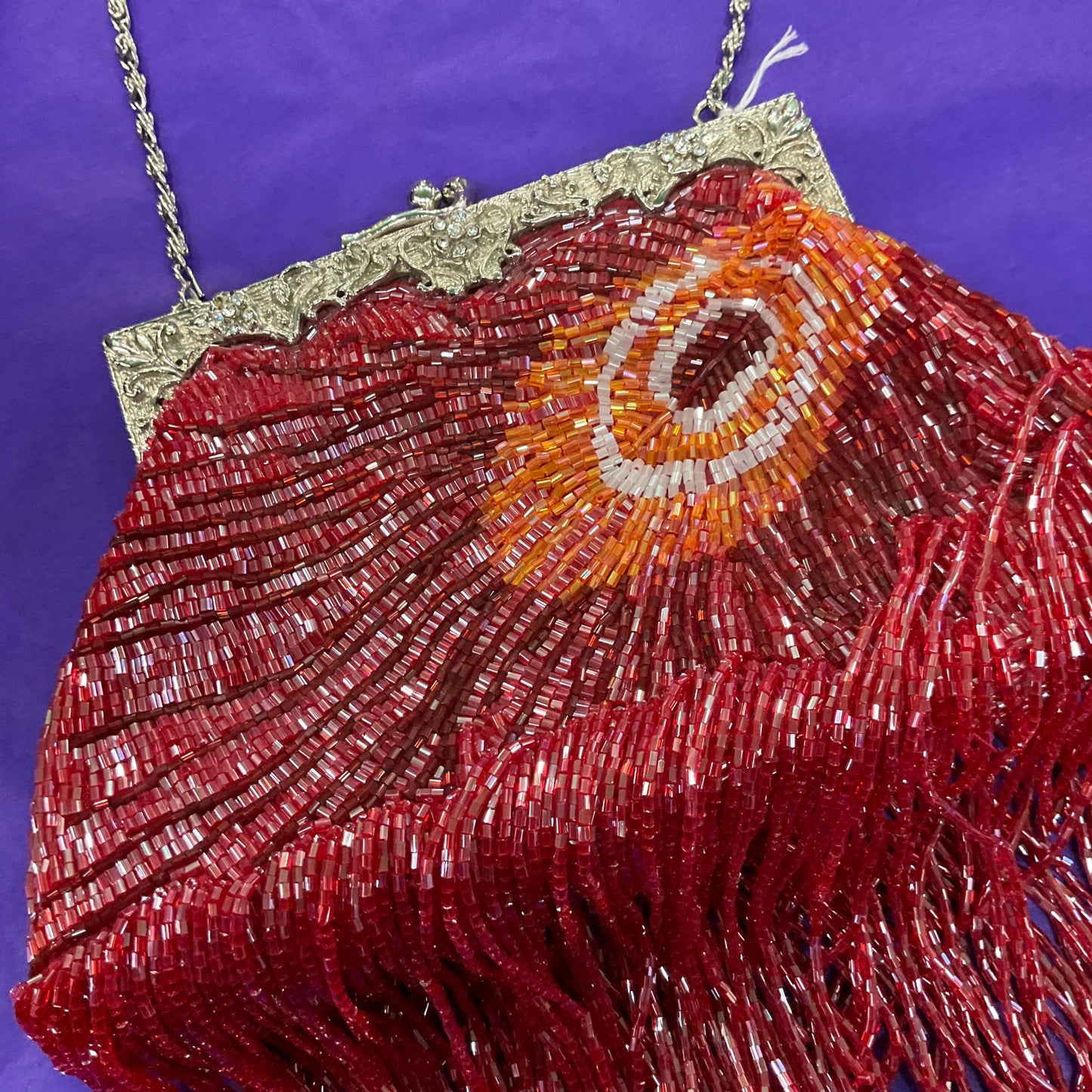 vintage statement Beaded peacock feather fringed evening bag, lustre pink, red and orange bugle beads