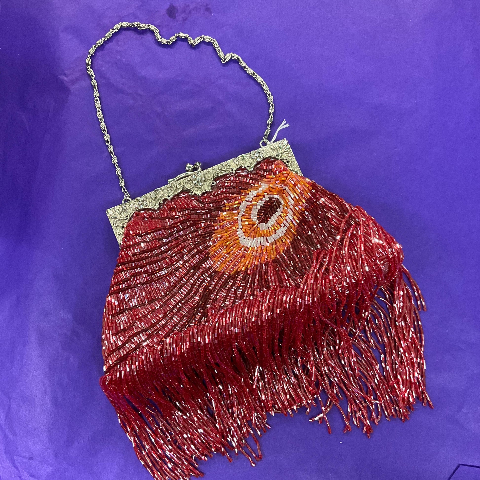 vintage statement Beaded peacock feather fringed evening bag, lustre pink, red and orange bugle beads