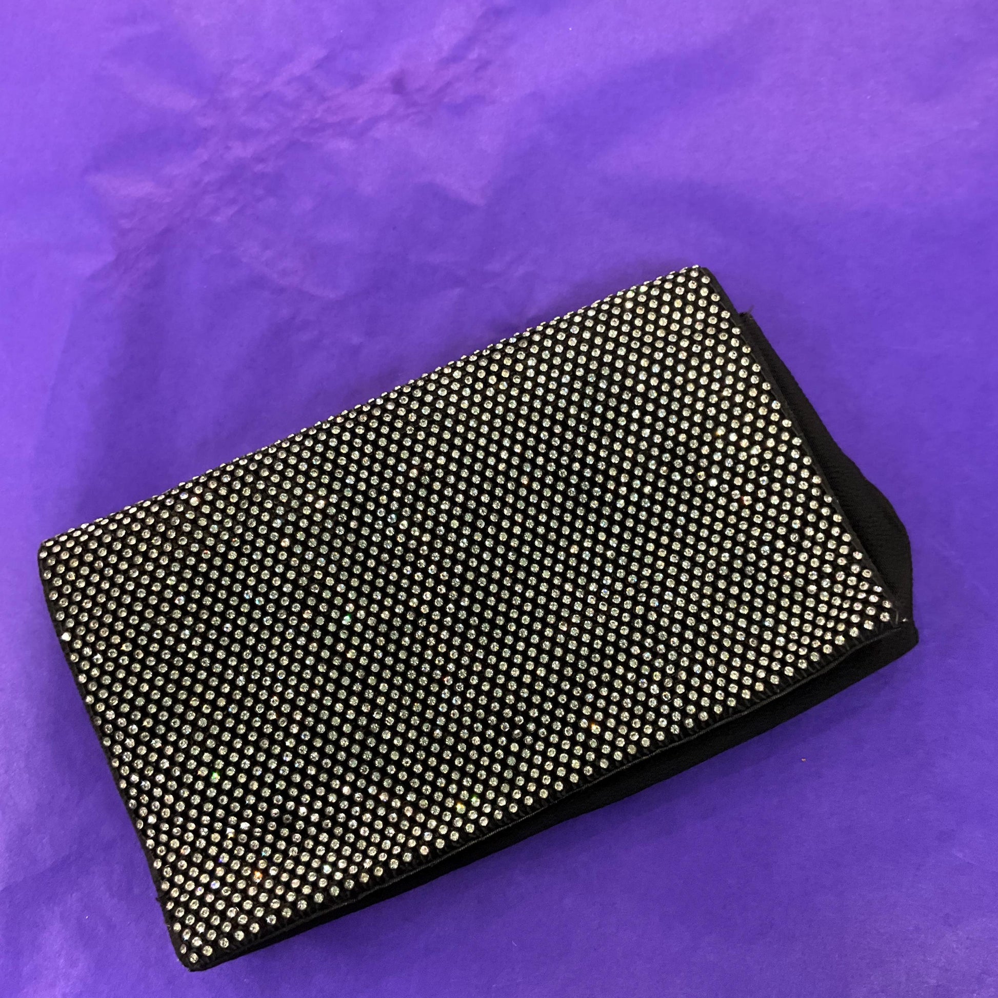 vintage 1930s Black crepe clutch bag with silver crystals