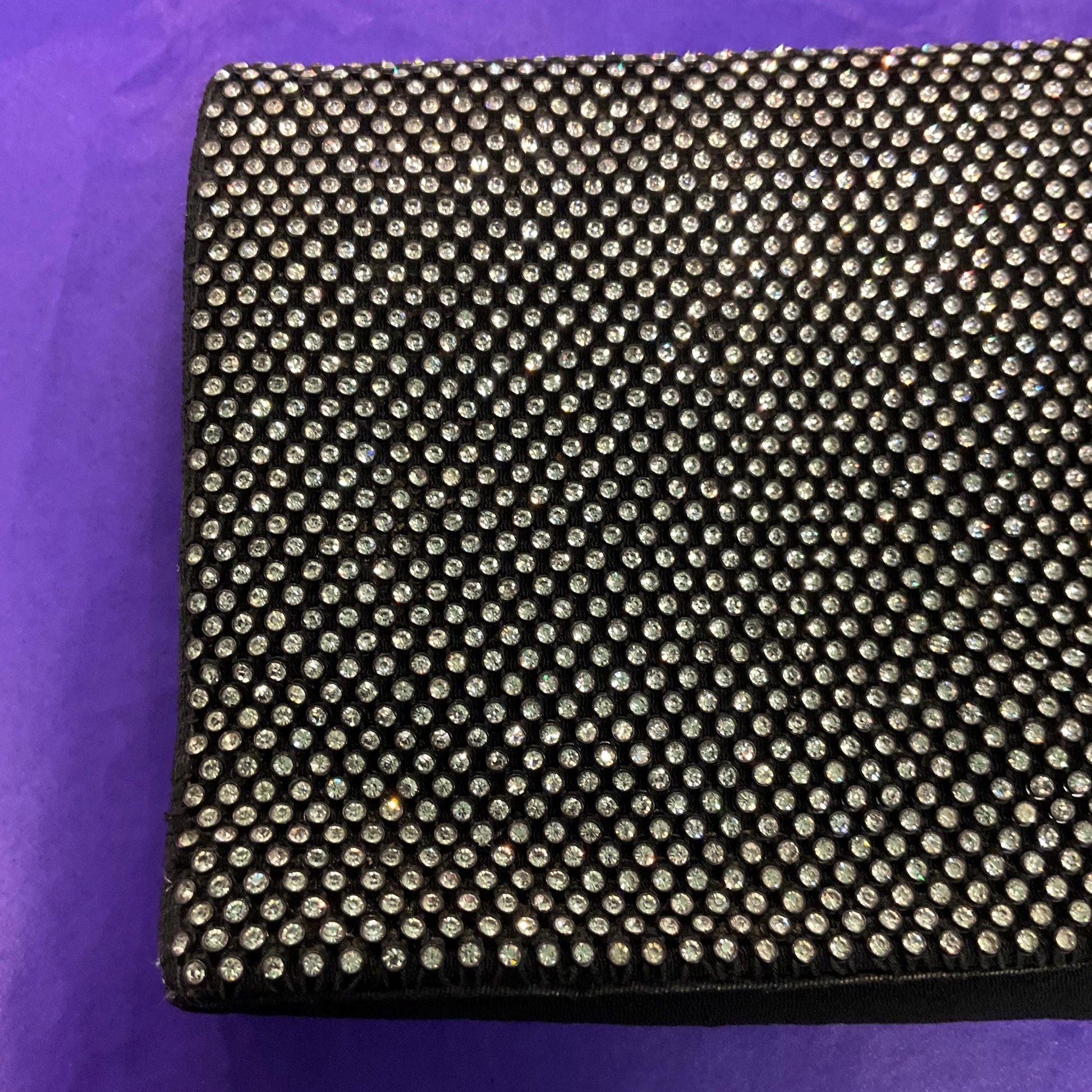 vintage 1930s Black crepe clutch bag with silver crystals