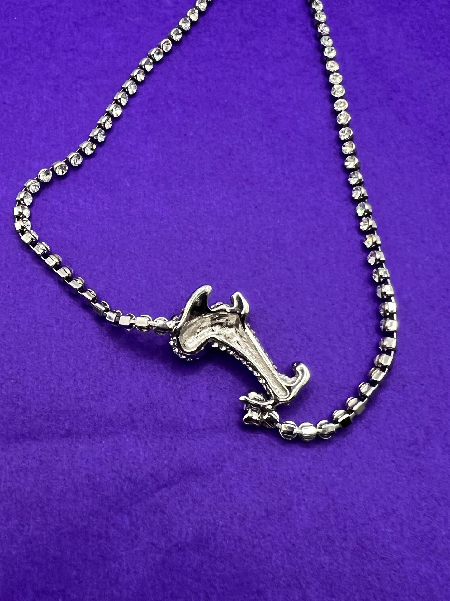 Vintage Butler and Wilson Silver Daschund Crystal Necklace, silver tone with silver black and red rhinestones
