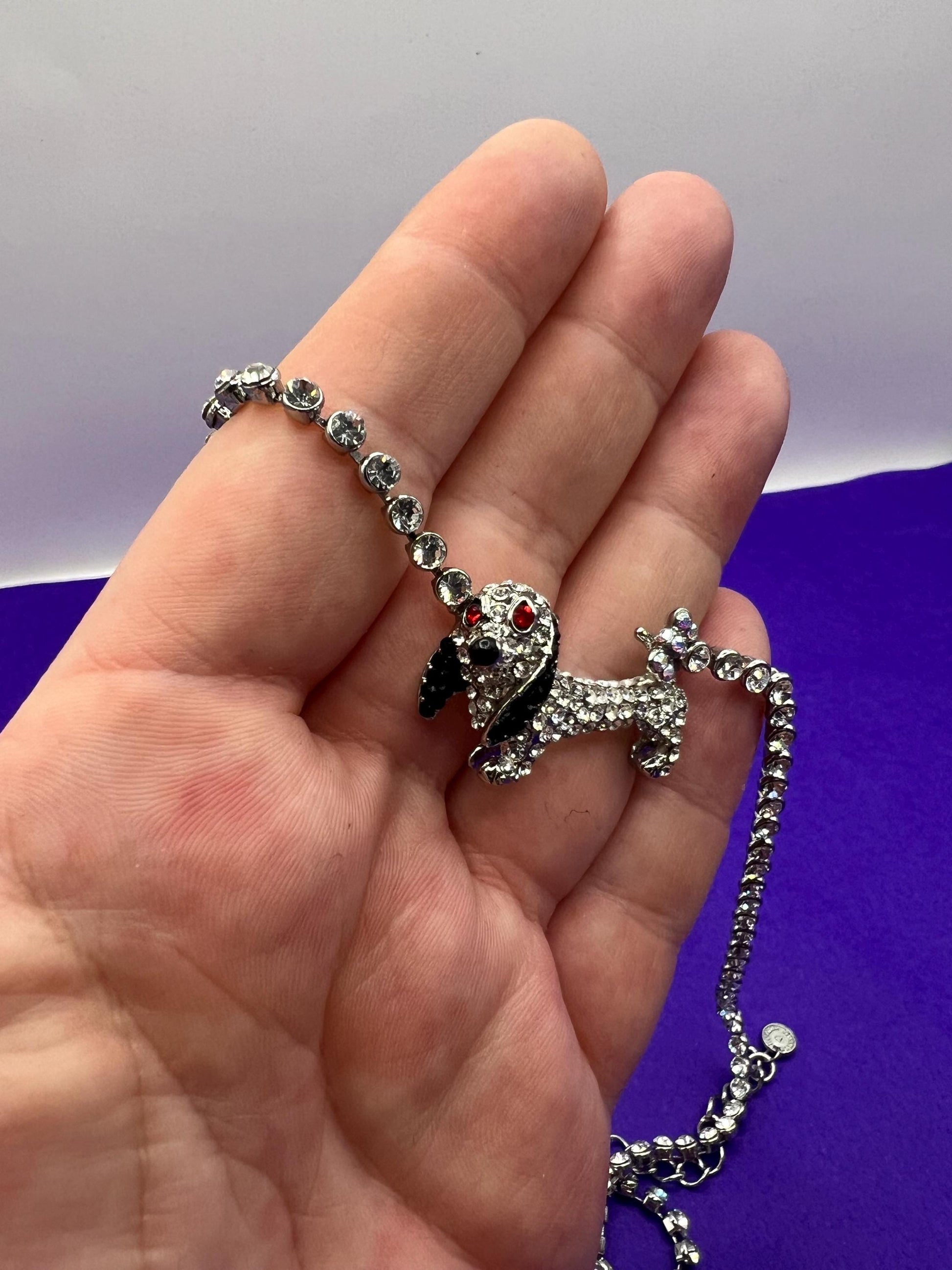 Vintage Butler and Wilson Silver Daschund Crystal Necklace, silver tone with silver black and red rhinestones