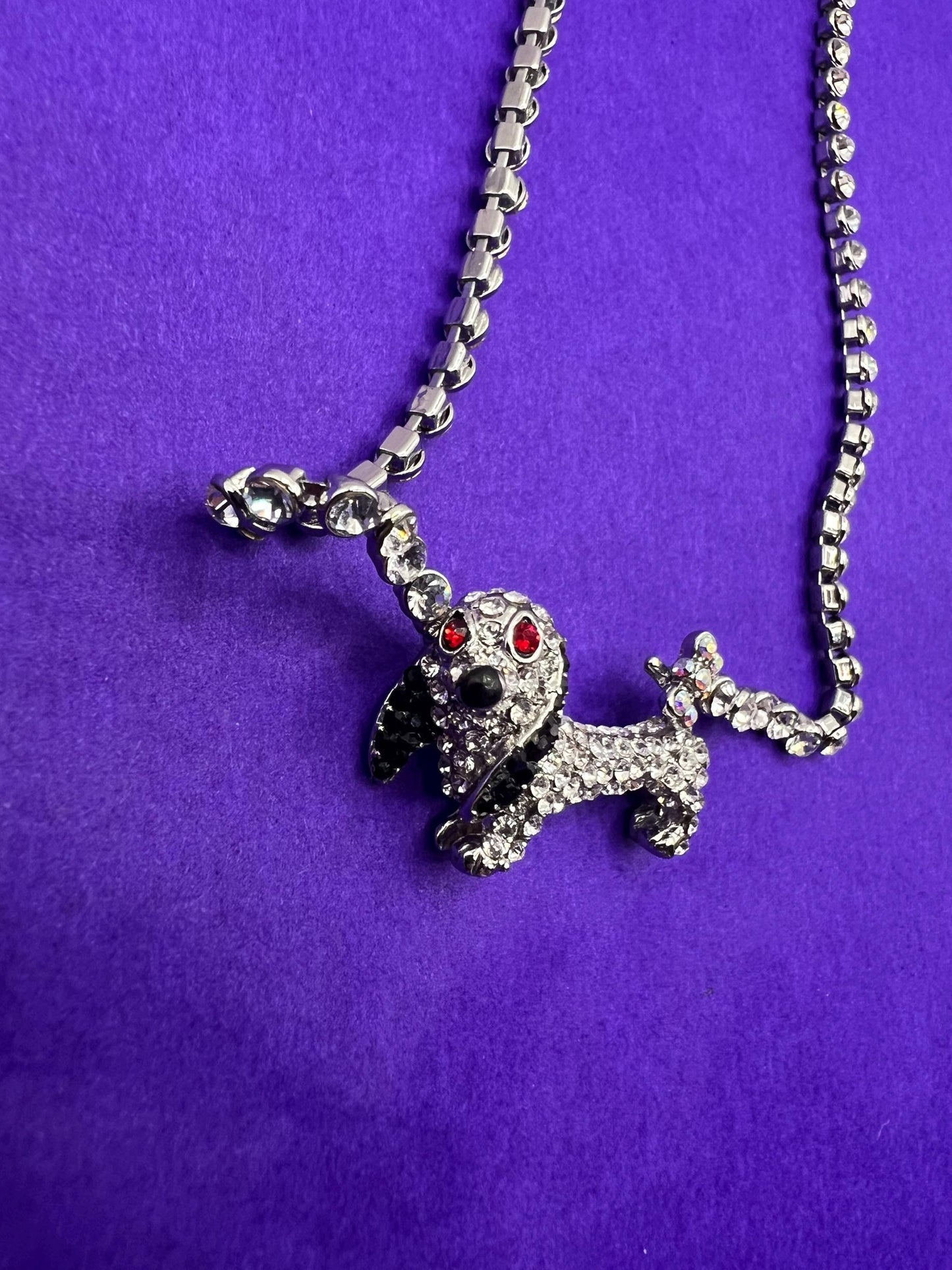 Vintage Butler and Wilson Silver Daschund Crystal Necklace, silver tone with silver black and red rhinestones