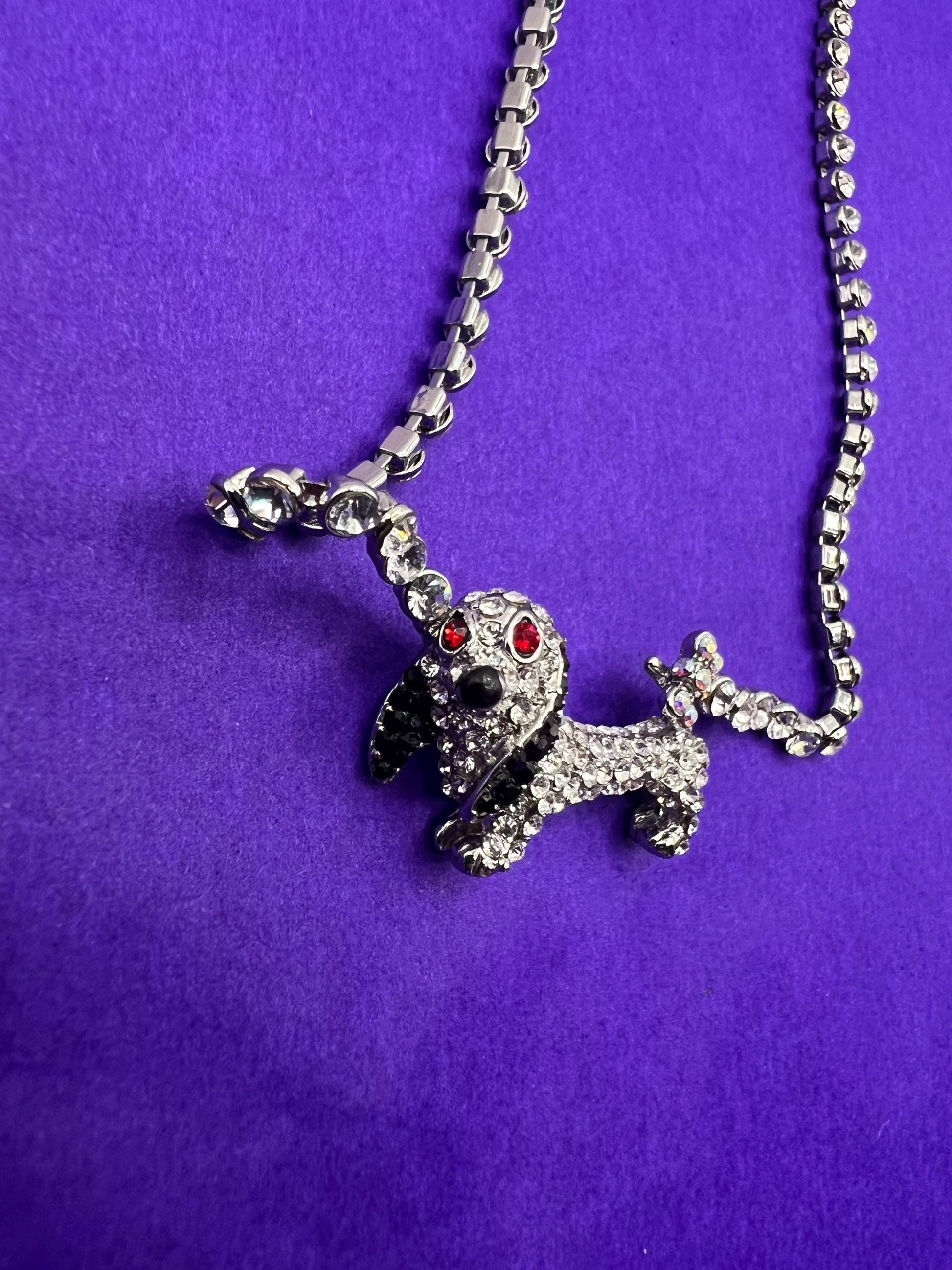 Vintage Butler and Wilson Silver Daschund Crystal Necklace, silver tone with silver black and red rhinestones