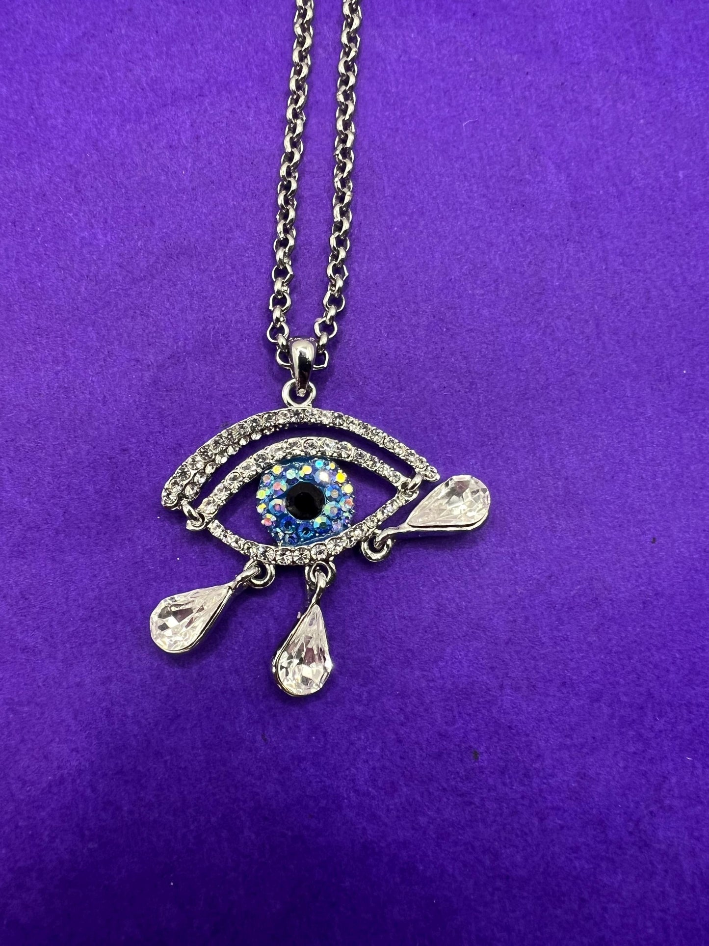 Vintage Butler and Wilson Crystal Eye Pendant Necklace, silver tone with crystals